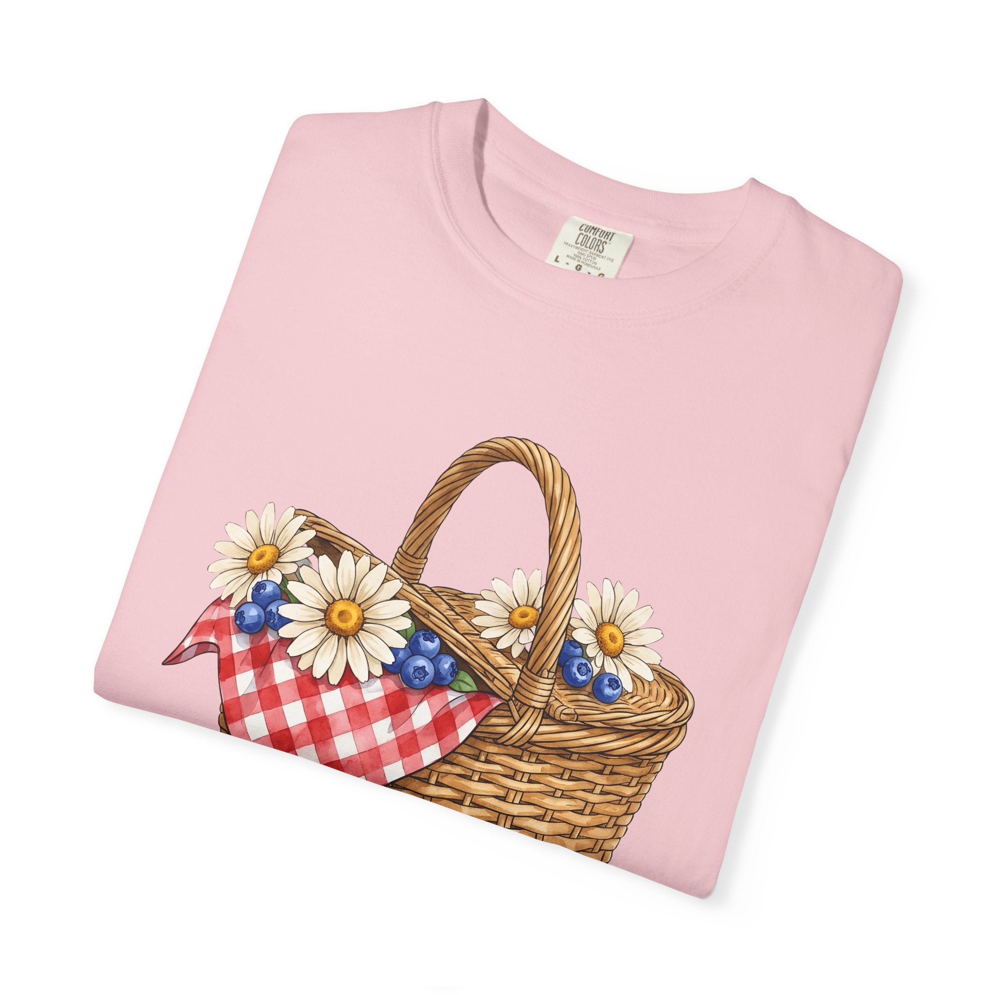 Picnic Basket Shirt 4th Of July Holiday Gift Women Sketch Tee Hamper T-Shirt Fireworks Fan Drawing Graphic Vintage Daisy Petals Tshirt