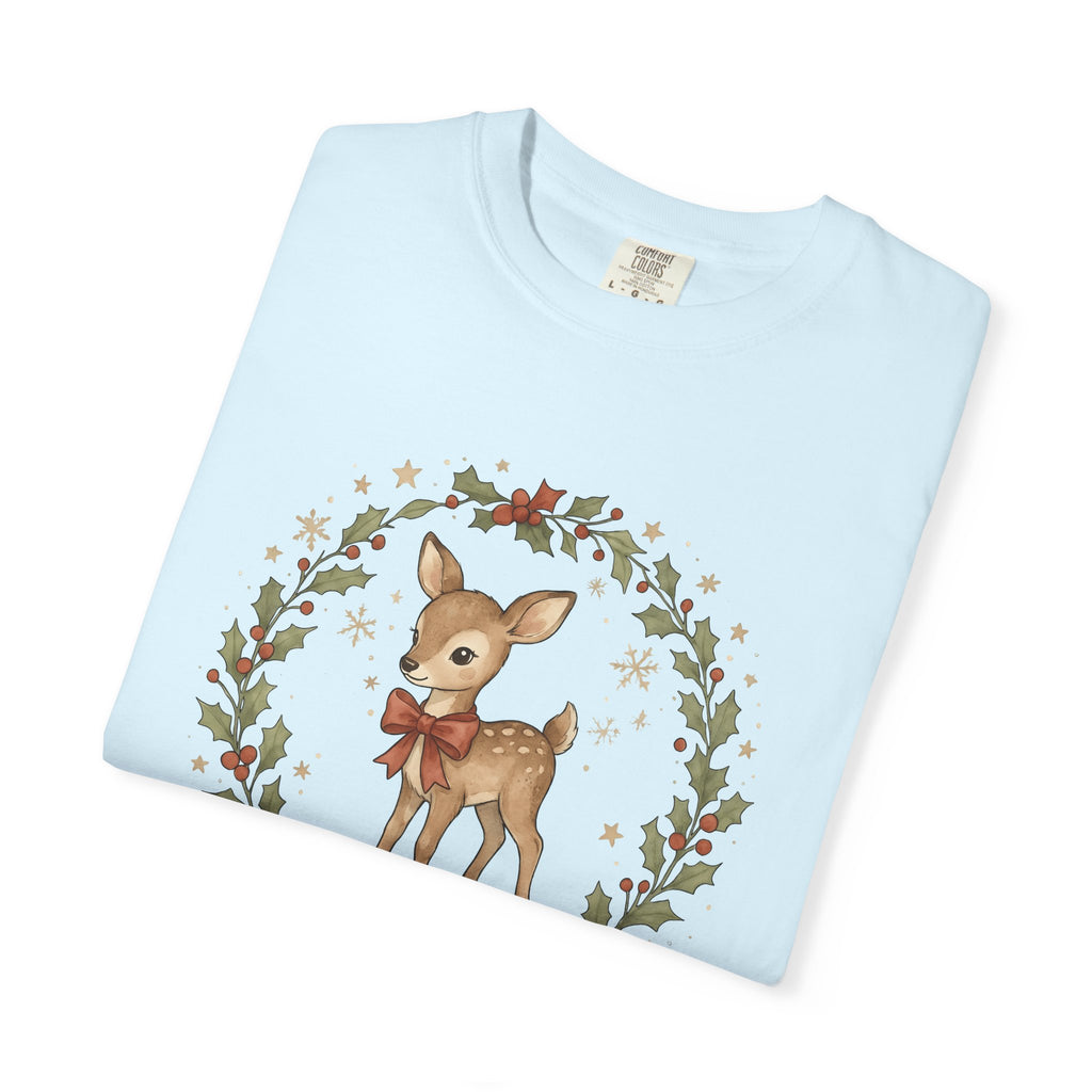 Young Deer Shirt Christmas Timberland Gift Women Gouache Tee Fawn T-Shirt Christmas Fan Watercolor Tshirt Woods Graphic Ink Pine Wreath
