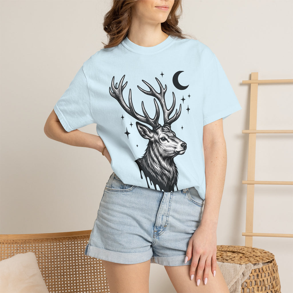 Buck Horns Shirt Boho Chic Forest Gift Women Cartoon Tee Antlers T-Shirt Bohemian Fan Tooned Tshirt Woods Graphic Sketch Moon Shape Tshirt