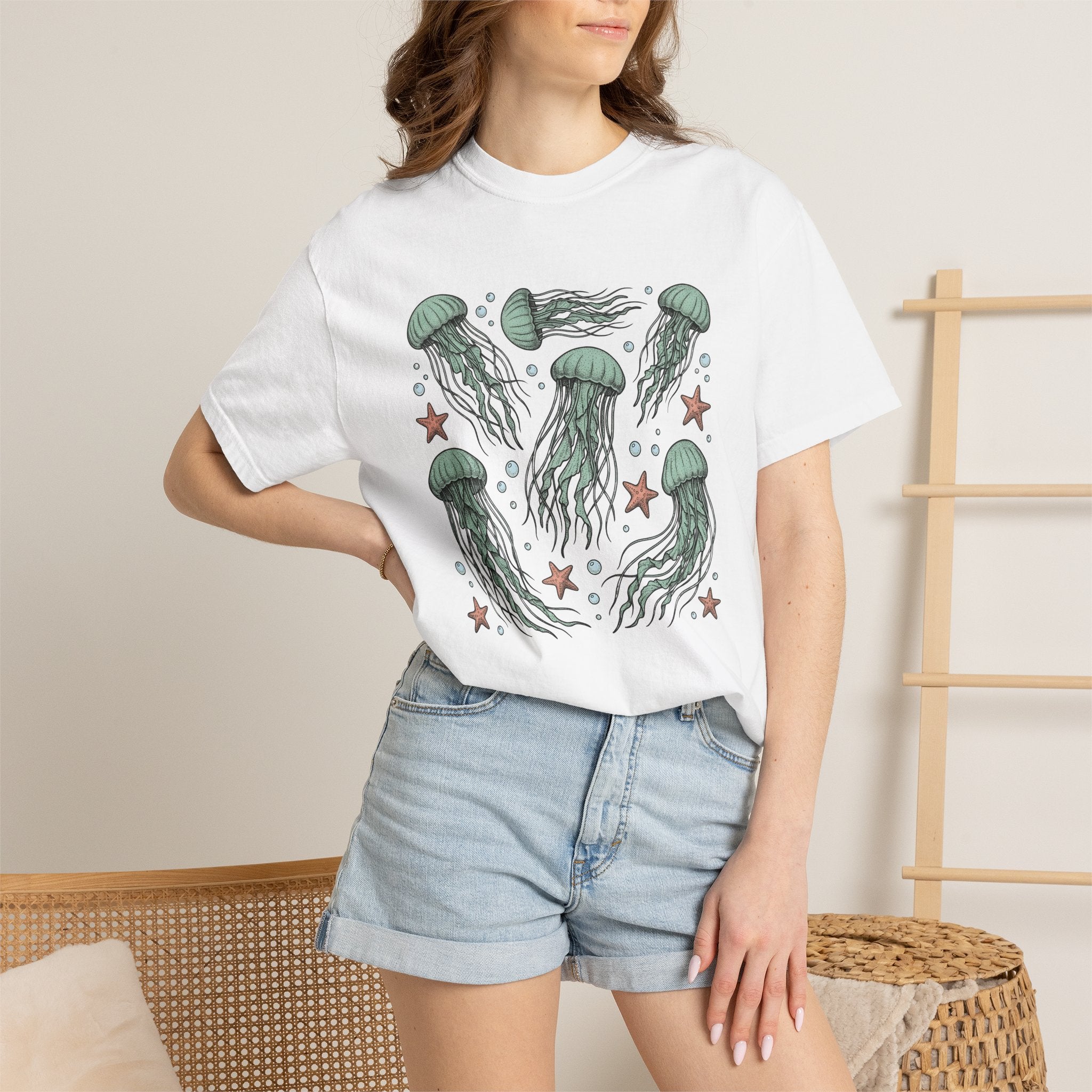 Jellyfish Motif Shirt Ocean Environment Gift Women Cartoon Tee Medusa T-Shirt Marine Fan Jelly Art Tshirt Eco Graphic Sketch Starfishes