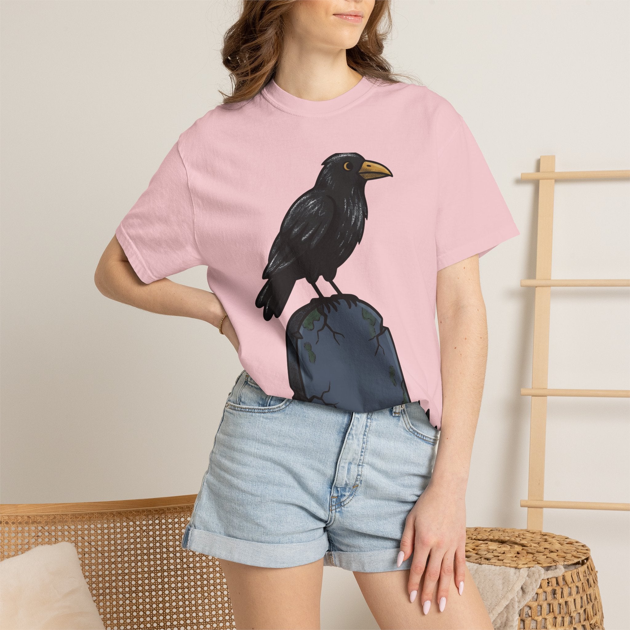 Raven Gravestone Shirt Halloween Horror Gift Women Sketch Tee Tombstone T-Shirt Spooky Fan Crypt Illustration Drawing Hand Drawn Burial
