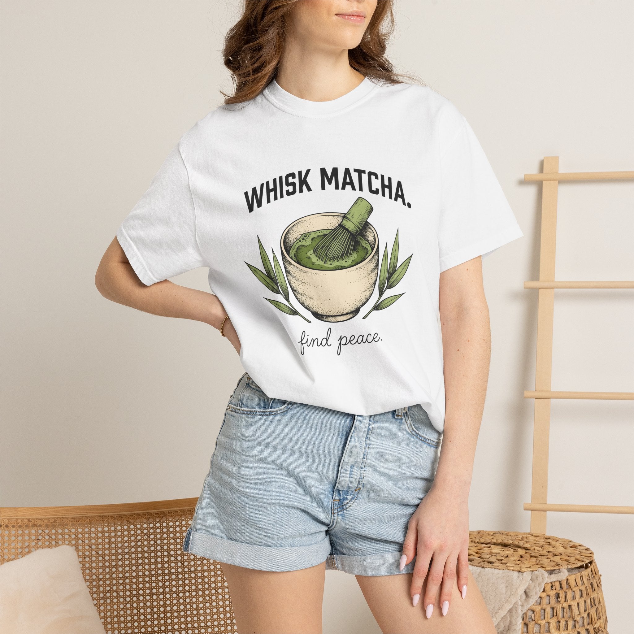 Matcha Bowl Shirt Drinks Tea Gift Women Hand Drawn Tee Matcha T-Shirt Beverage Fan Hand Drawn Tshirt Tea Illustration Vintage Bamboo Leaves