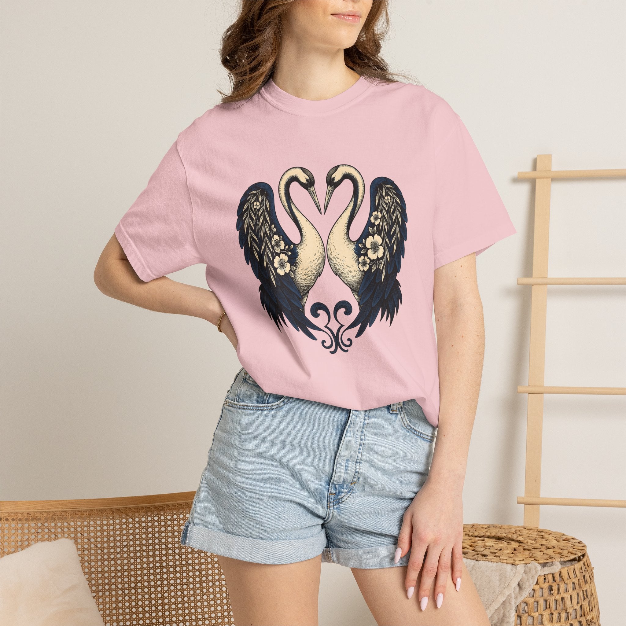 Two Cranes Shirt Animals Floral Arrangement Gift Women Old School Tee Crane T-Shirt Wildlife Fan Vintage Tshirt Bouquet Graphic Outline