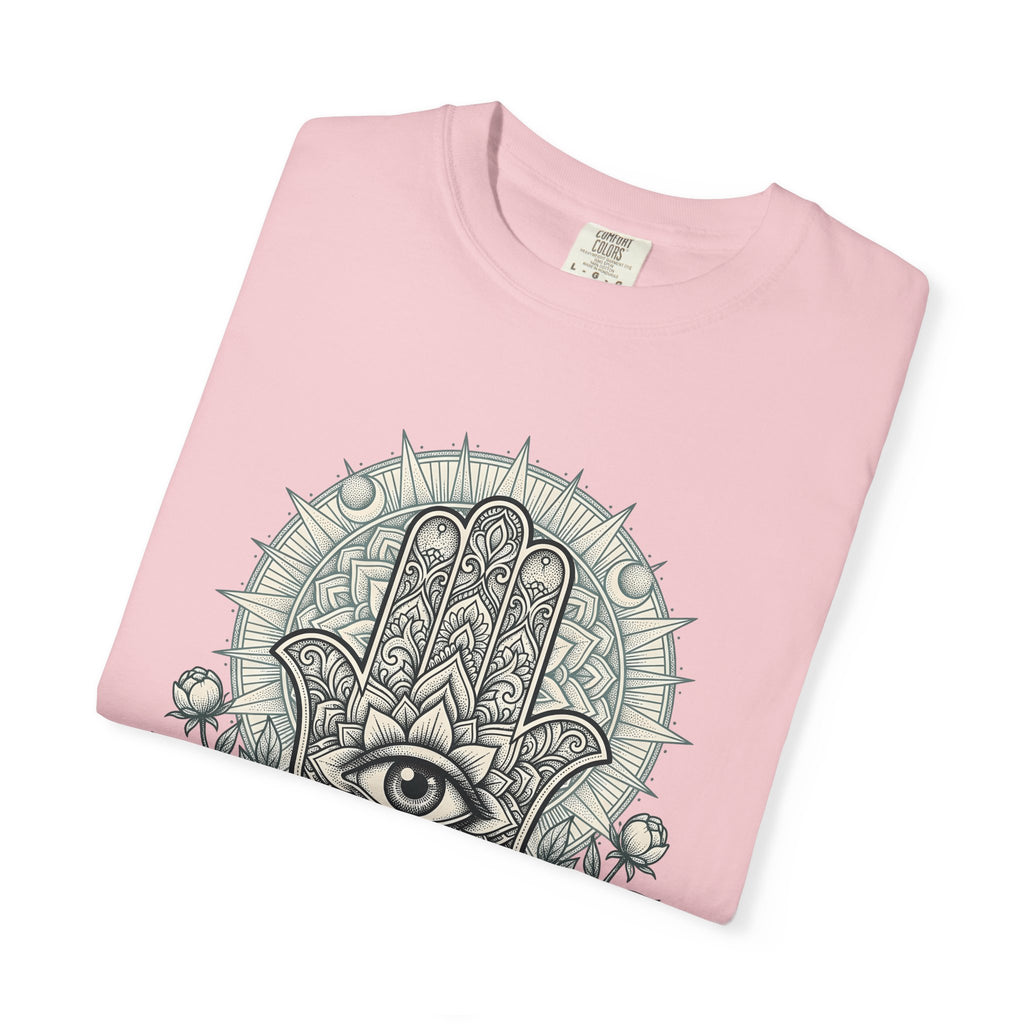 Hamsa Symbol Shirt Boho Chic Metaphysical Gift Women Paisley Tee Hand Of Fatima T-Shirt Bohemian Fan Khamsa Graphic Tshirt Hand Drawn