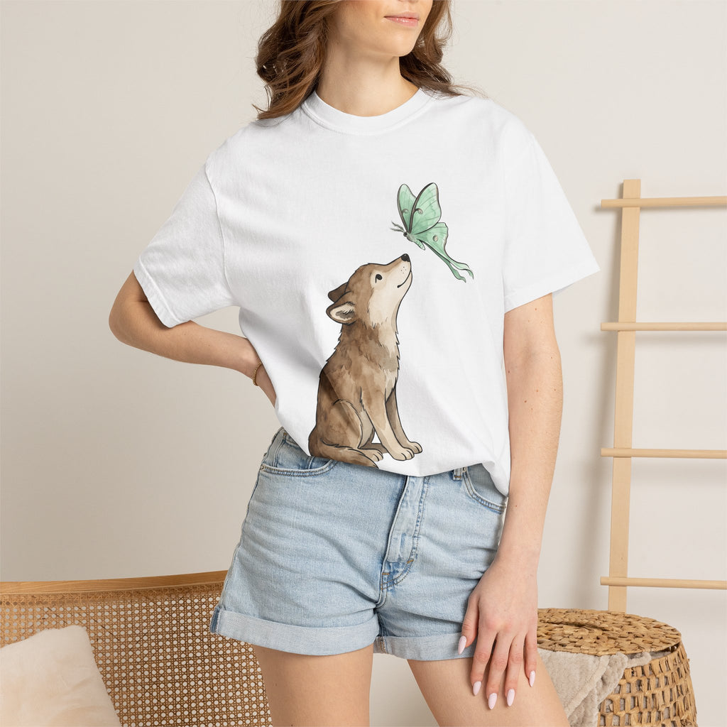 Wolf Butterfly Shirt Animals Wildlife Gift Women Pastel Tee Butterfly T-Shirt Animal Fan Soft Tshirt Wildlife Graphic Line Art Luna Moth