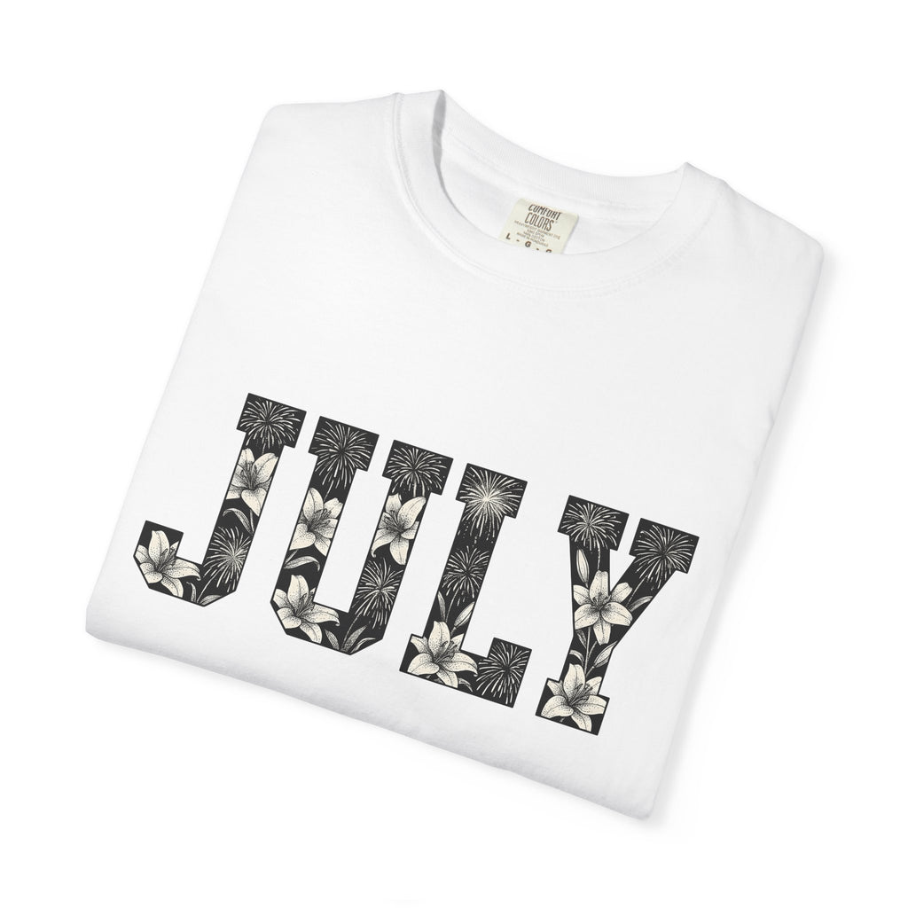 Bloom Fireworks Typography Shirt 4th Of July Garden Gift Women Clean Graphic Tee Fireworks Typography T-Shirt Independence Day Fan Graphic