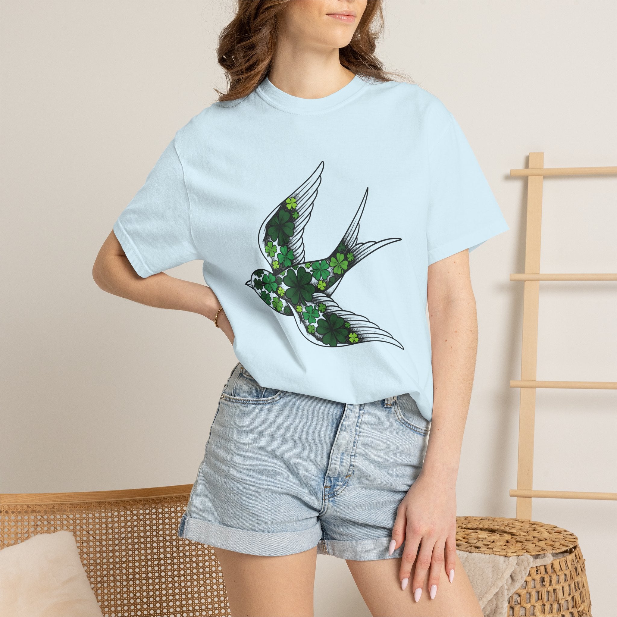Small Bird Clover Shirt St Patrick's Day Destiny Gift Women Hand Drawn Tee Sparrow T-Shirt Shamrock Fan Illustrated Tshirt Fate Graphic