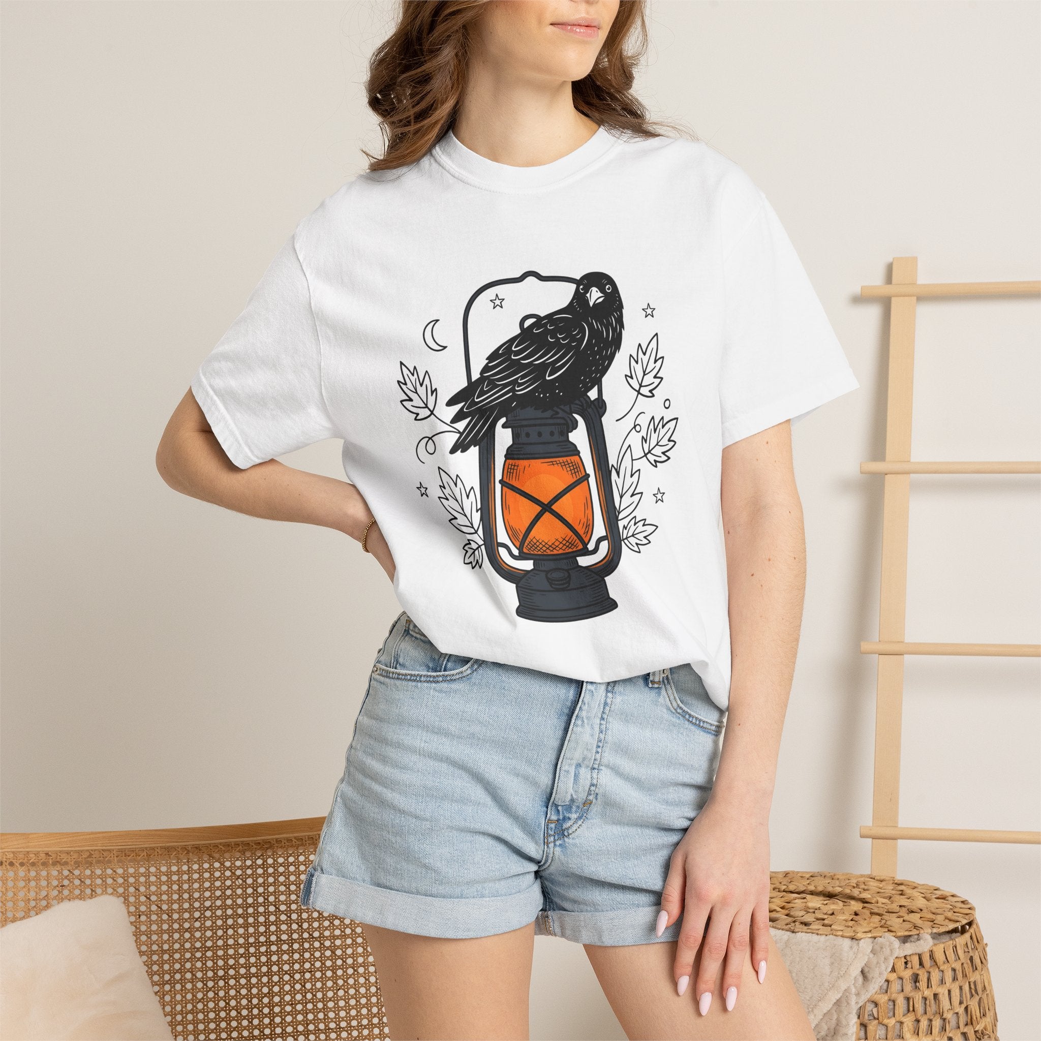 Blackbird Lantern Shirt Halloween Eerie Gift Women Flat Graphic Tee Lantern T-Shirt Spooky Fan Spooky Graphic Tshirt Rustic Fall Leaves