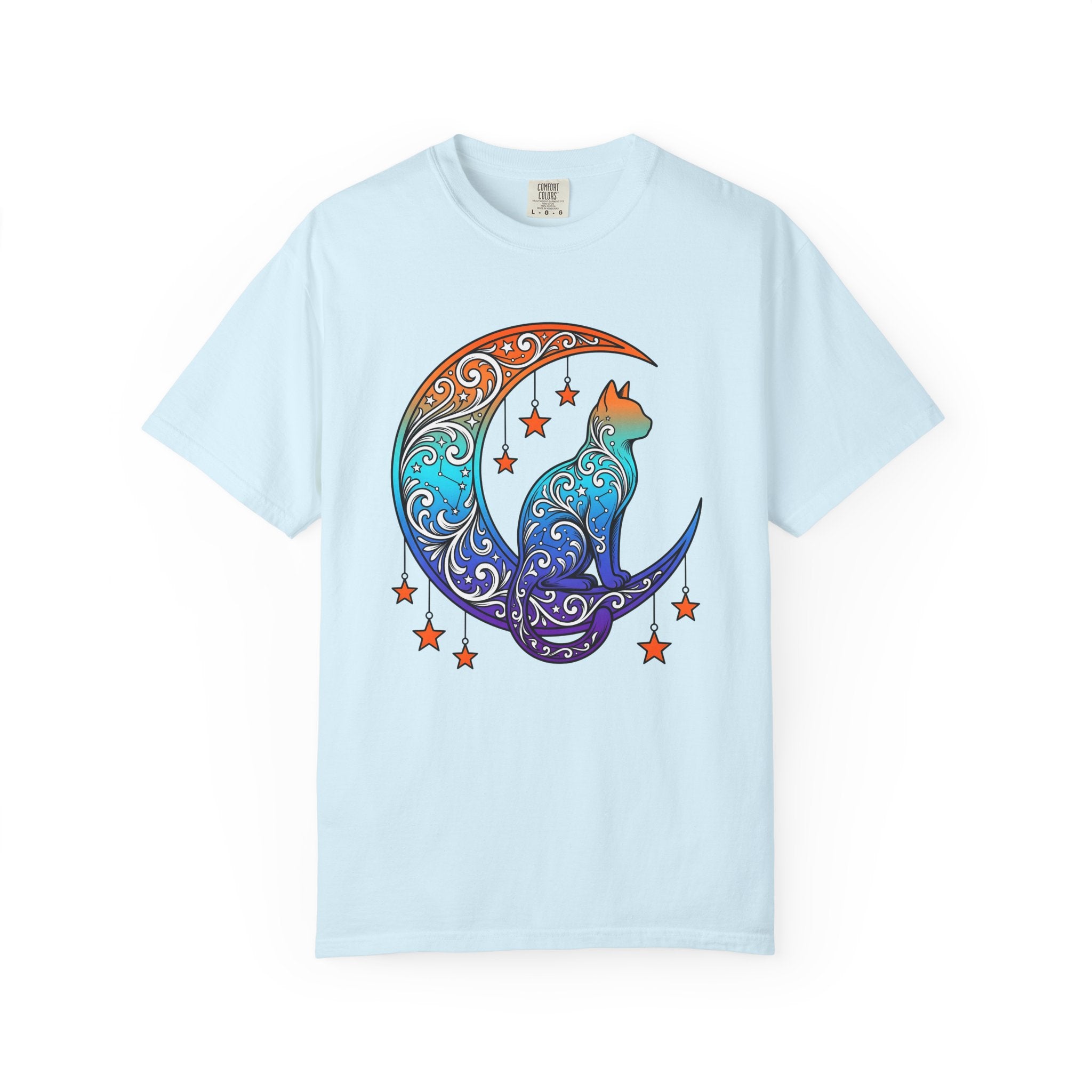 Celestial Cat Shirt Cat Moon Gift Women Boho Tee Kitty T-Shirt Cat Fan Feline Tshirt Lunar Graphic Psychedelic Stars Tshirt