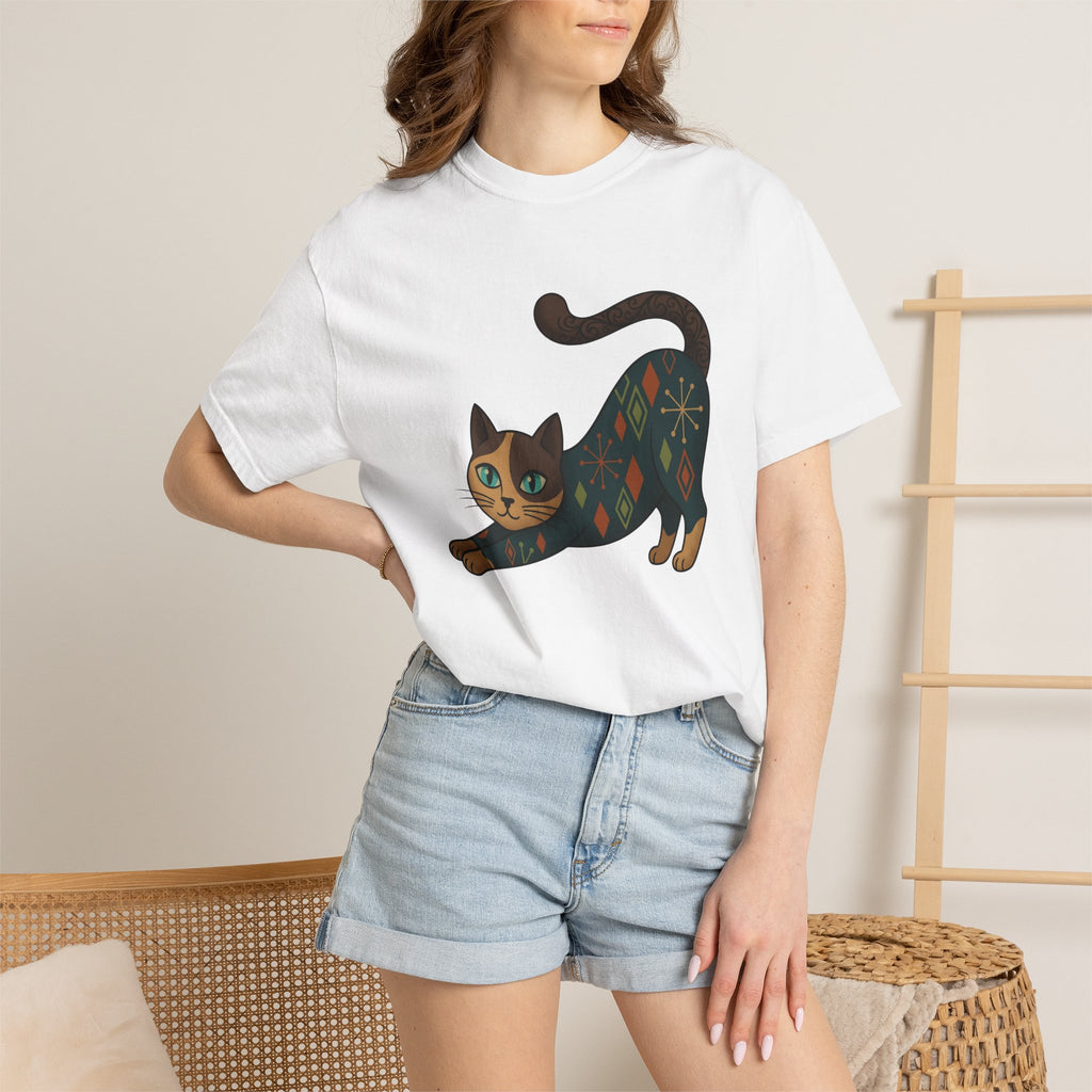 Stretching Cat Shirt Cat Animal Gift Women Mid Century Tee Kitten T-Shirt Cat Fan Fifties Tshirt Wildlife Graphic Retro Geometric Pattern