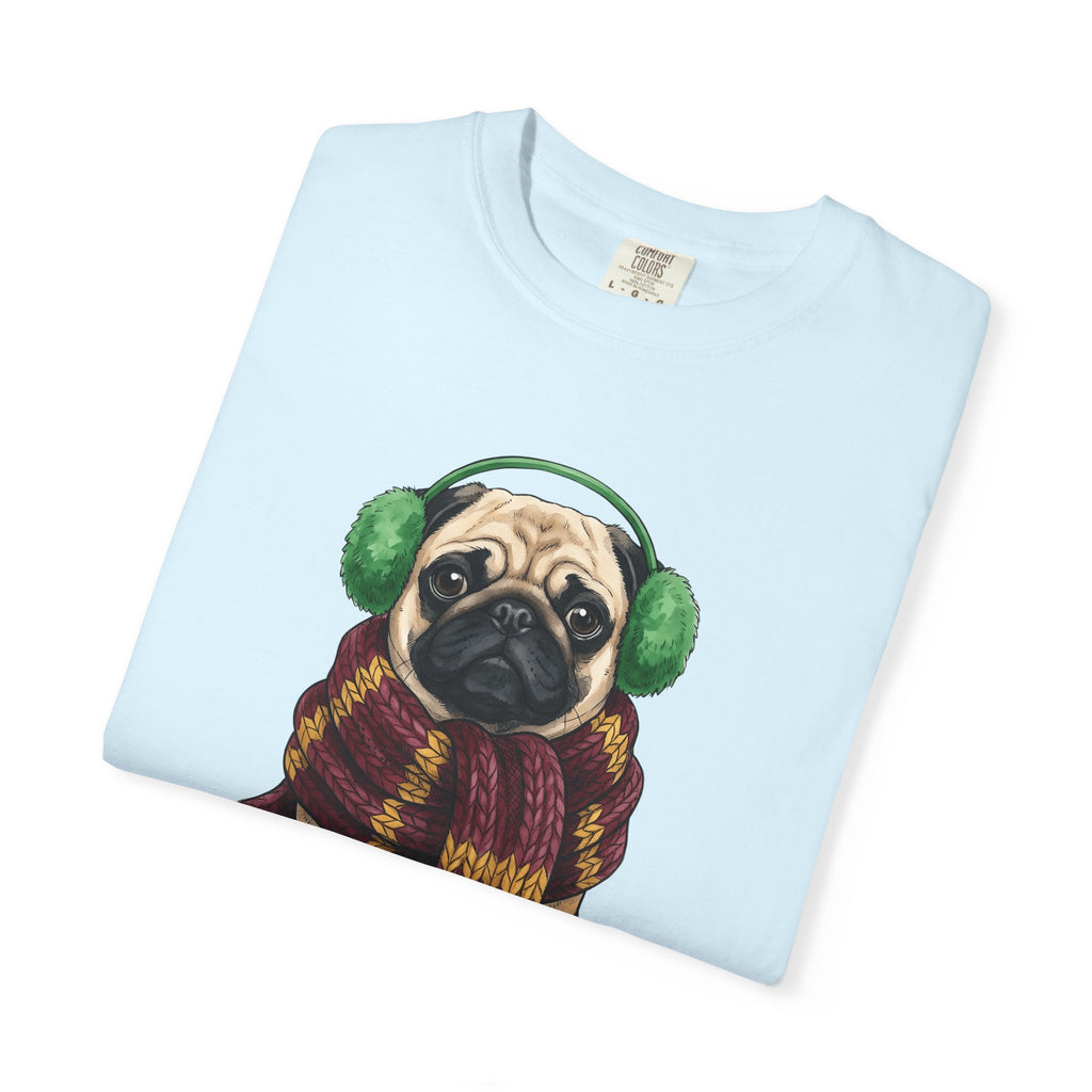 Pug Dog Shirt Dog Winter Gift Women Hand Drawn Tee Puggle T-Shirt Dog Fan Canine Graphic Cold Weather Design Tee Vintage Scarf Tshirt