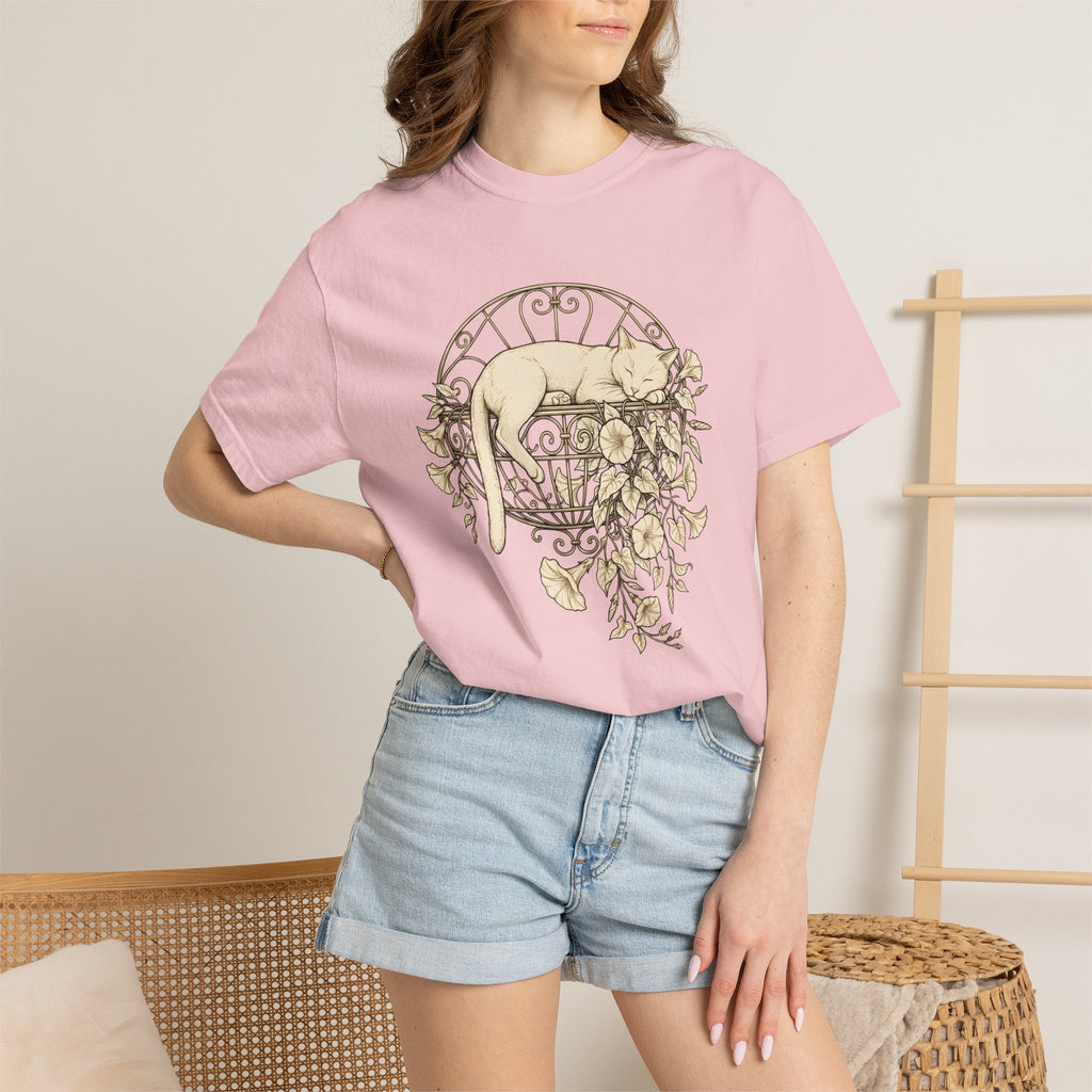 Napping Cat Shirt Cat Botanicals Gift Women Retro Tee Kitten T-Shirt Cat Fan Feline Tshirt Floral Graphic Sketch Blooms Tshirt