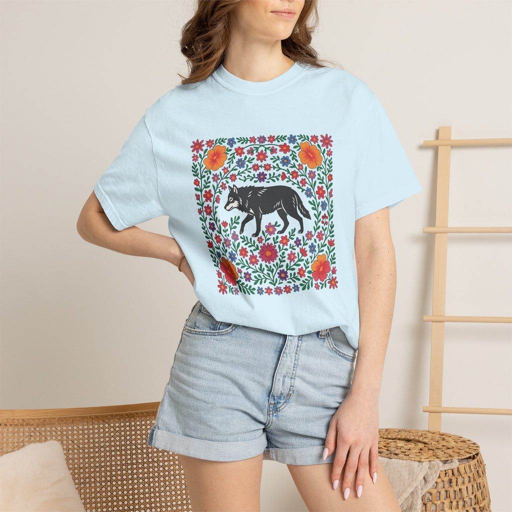 Wolf Bloom Shirt Animals & Flowers Wilderness Gift Women Native Tee Lupine T-Shirt Wildlife Enthusiast Tribal Tshirt Outdoor Graphic Crafted