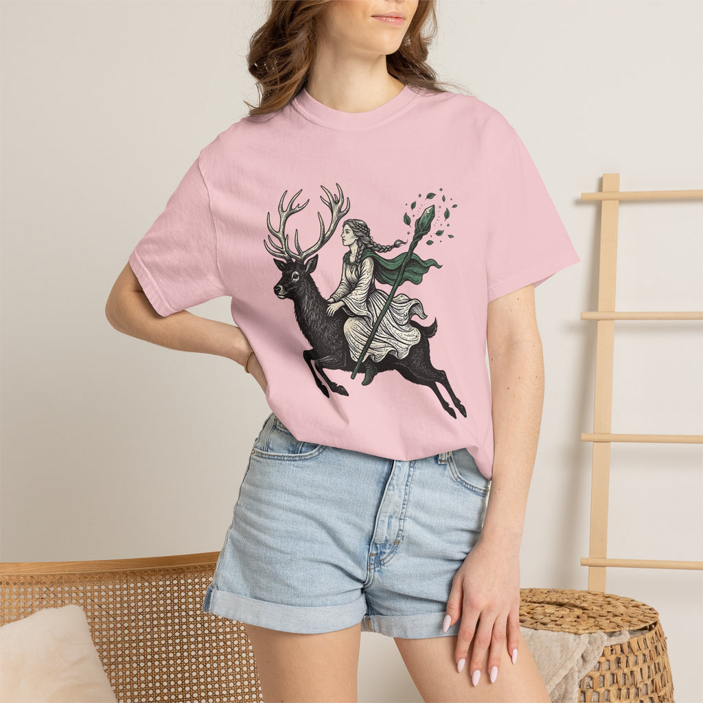 Woman Riding Stag Shirt Boho Chic Woodland Gift Women Fantasy Tee Rider T-Shirt Bohemian Fan Mythical Tshirt Forest Graphic Vintage Crystal