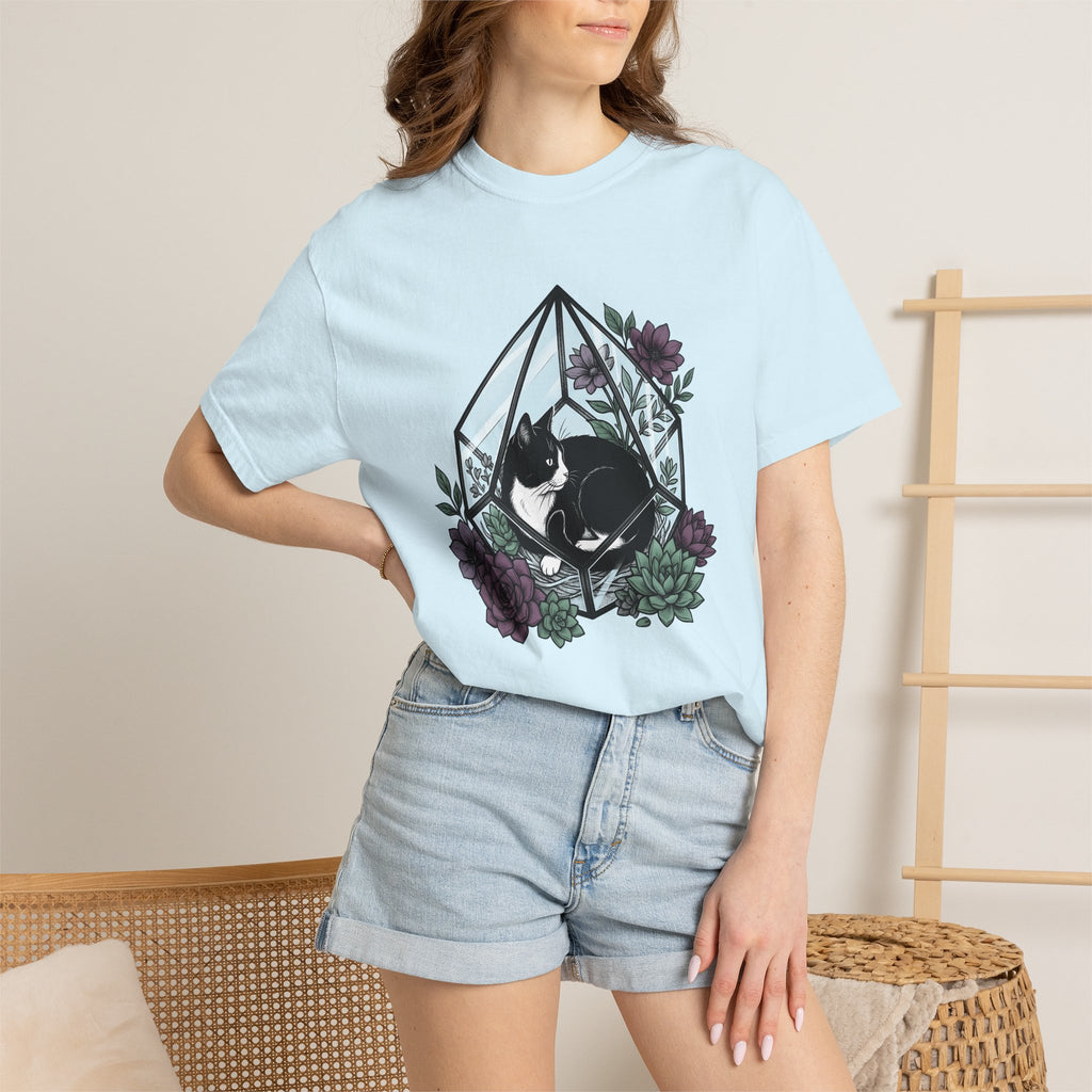 Tuxedo Cat Shirt Cat Plants Gift Women Garden Tee Black Cat T-Shirt Cat Fan Foliage Graphic Tshirt Line Art Aloe Tshirt