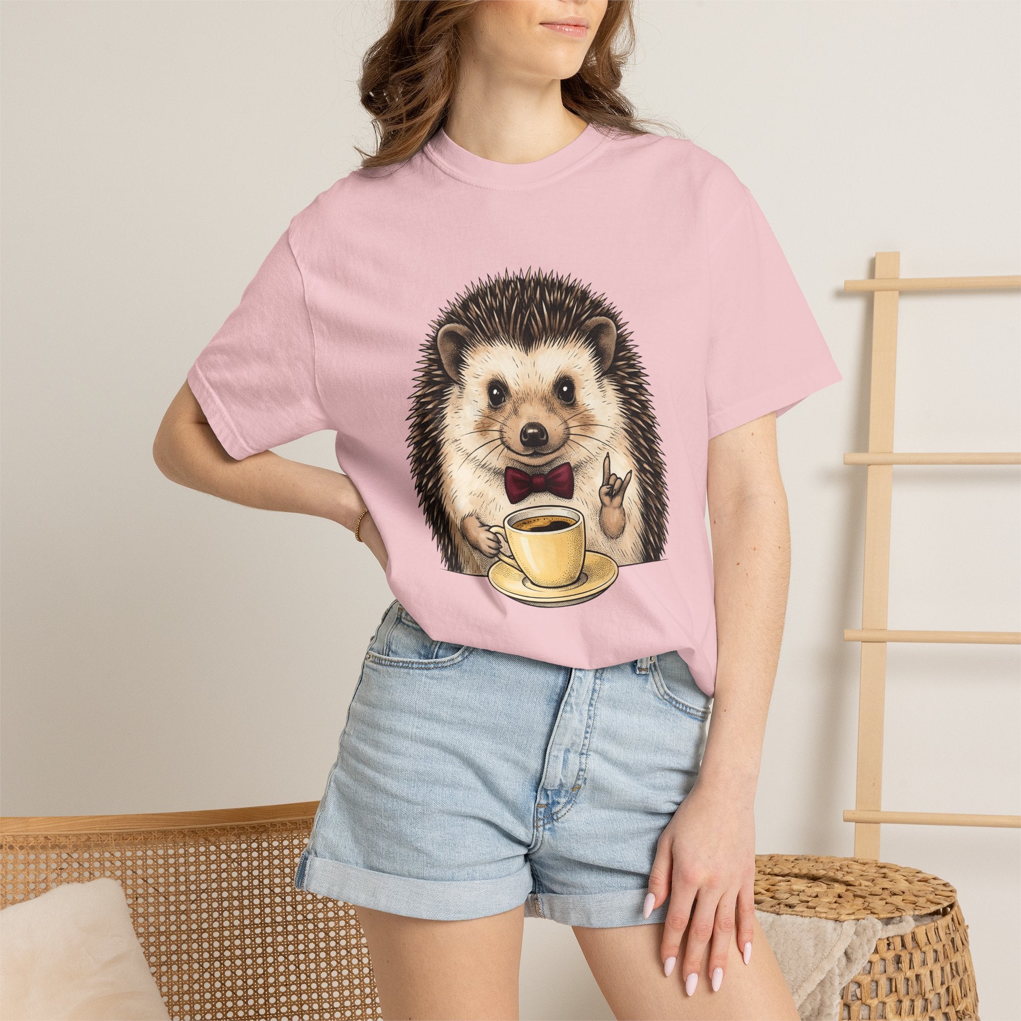 Hedgehog Coffee Shirt Coffee Animal Gift Women Hand Drawn Tee Coffee T-Shirt Coffee Fan Illustrated Graphic Creature Design Vintage Bow Tie
