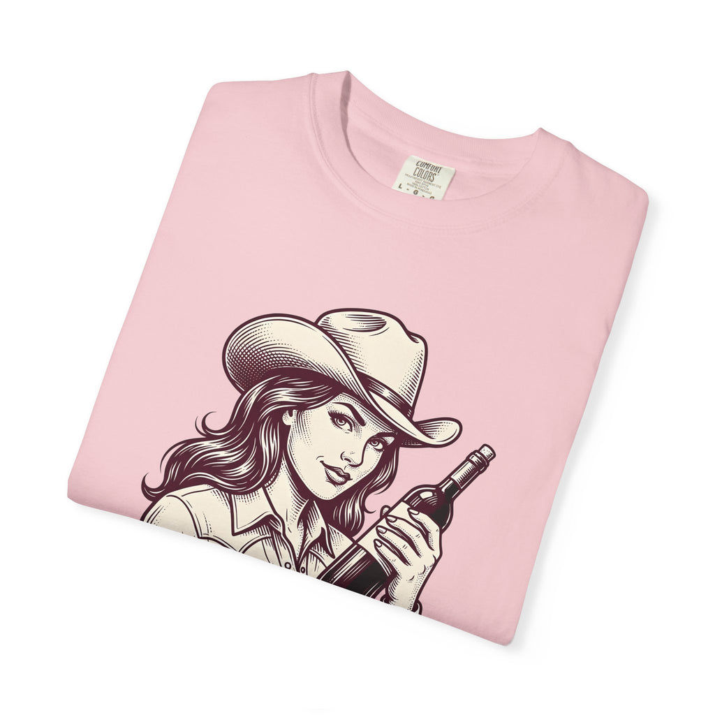 Cowgirl Wine Bottle Shirt Wine Cowboy Gift Women Sketch Tee Wine Bottle T-Shirt Wine Fan Wineglass Tshirt Rodeo Graphic Cartoon Cowboy Hat