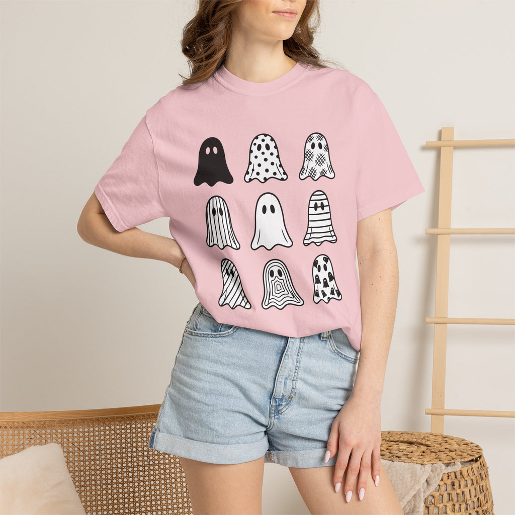 Ghost Motif Shirt St. Valentine's Day Harvest Gift Women Line Art Tee Specter T-Shirt Valentine Fan Illustration Tshirt Sleek Dot Pattern