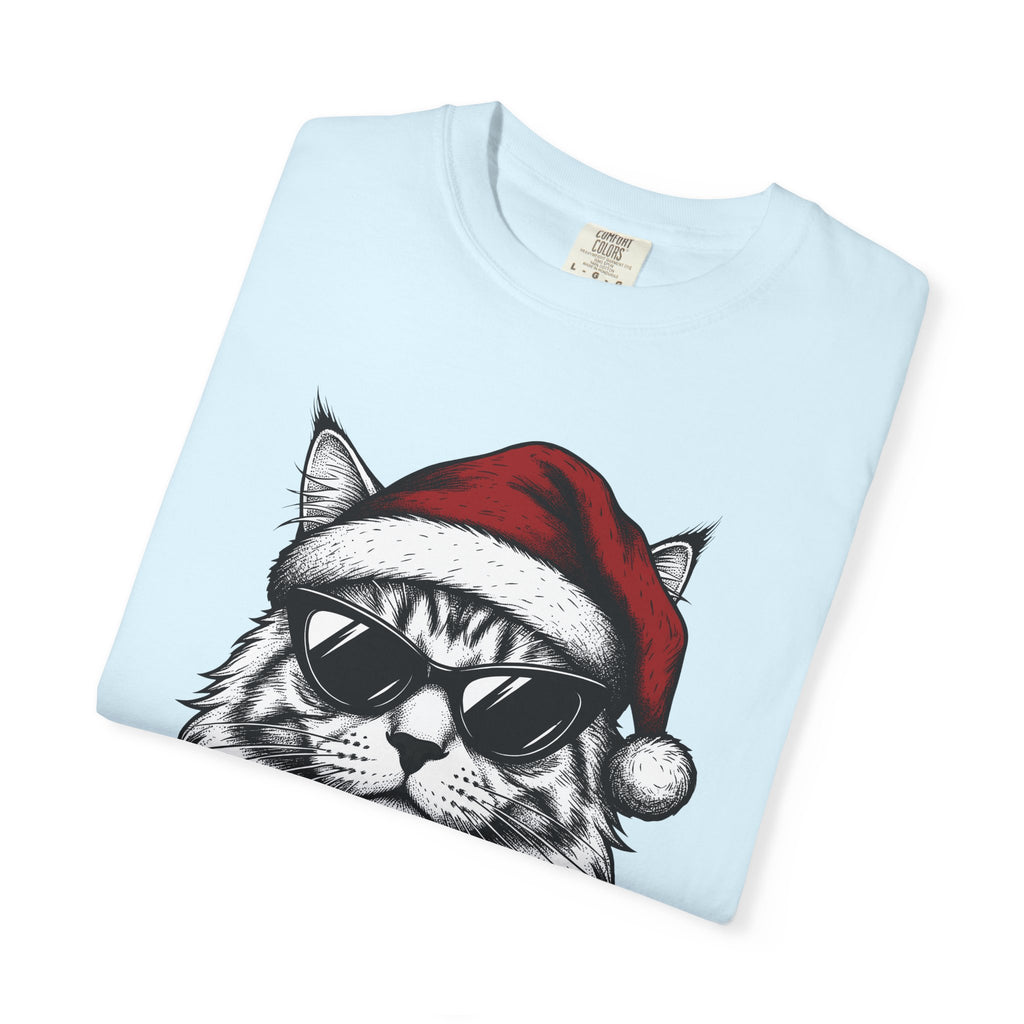 Kitten Santa Hat Shirt Christmas Animal Gift Women Line Art Tee Kitten Santa Hat T-Shirt Christmas Fan Kitty Graphic Cartoon Shades Tshirt
