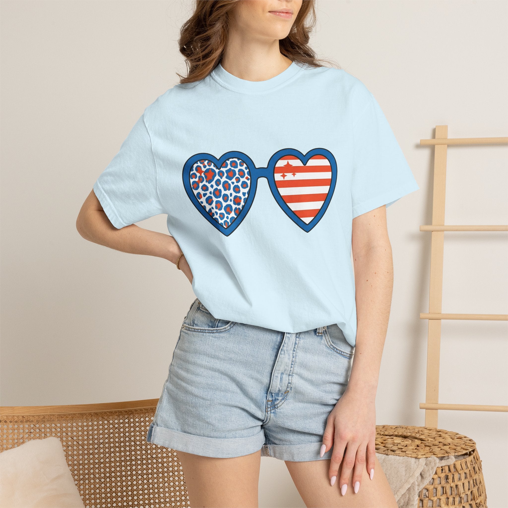 Heart Shades Shirt America Flag Gift Women Vibrant Tee Shades T-Shirt American Fan Patriotic Tshirt Banner Graphic Vintage Leopard Pattern