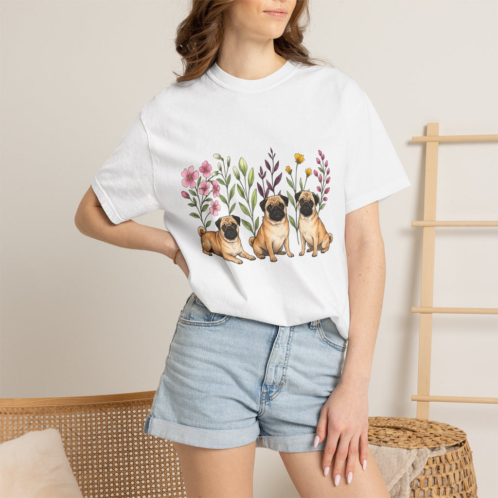 Pug Group Shirt Dog Plants Gift Women Line Art Tee Pug T-Shirt Dog Fan Poodle Illustration Botanical Graphic Gouache Flower Bouquet Tshirt