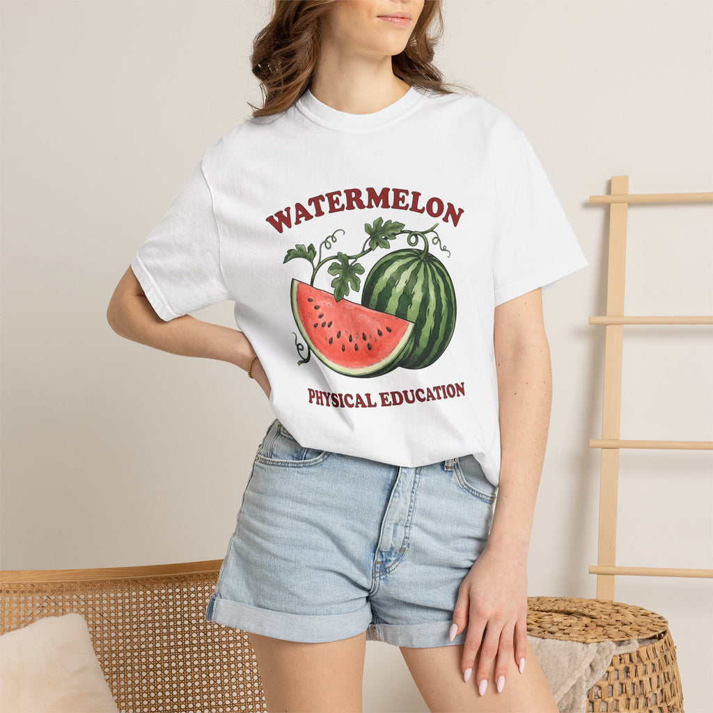 Watermelon Slice Shirt Fruit Vacation Gift Women Cartoon Tee Melon T-Shirt Produce Fan Citrus Tshirt Holiday Graphic Line Art Green Leaves
