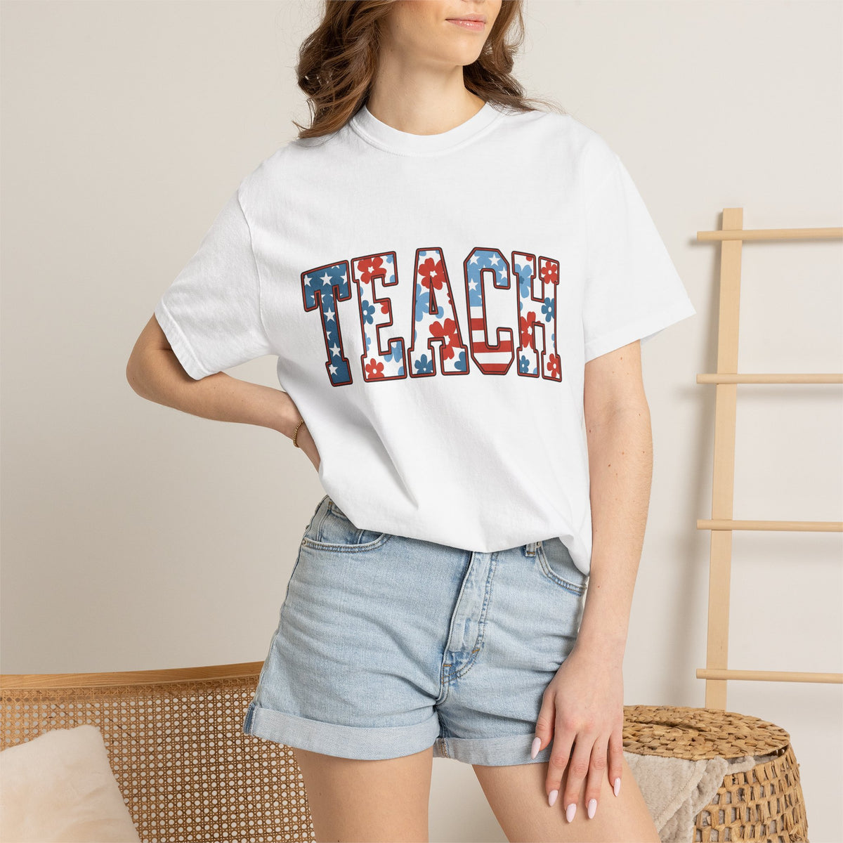 Patriotic Floral Text Shirt America Teacher Unisex Gift Bold Tee Floral