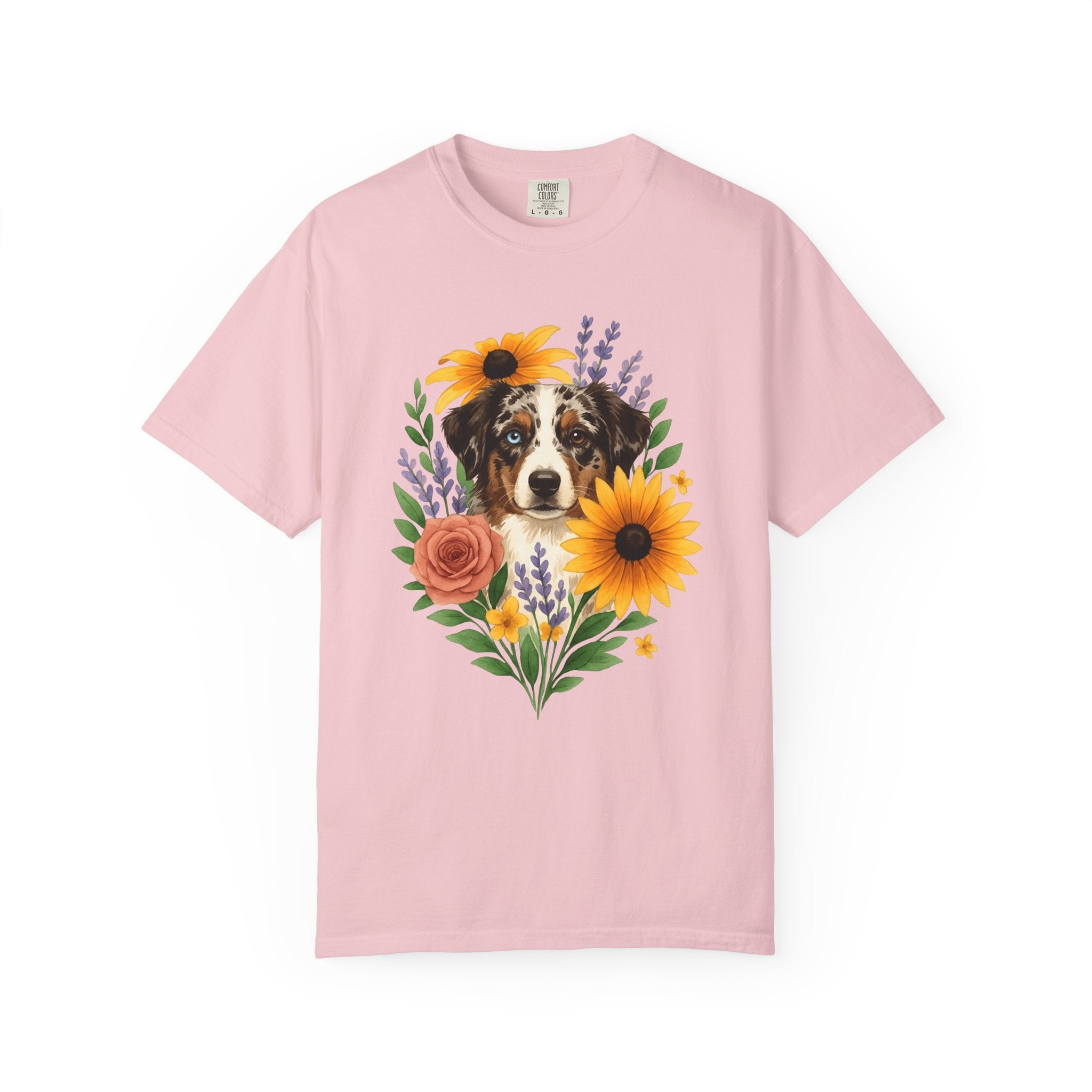 Aussie Breed Shirt Dog Bouquet Gift Women Painterly Tee Australian Dog T-Shirt Dog Fan Watercolor Tshirt Floral Graphic Folk Petals Tshirt