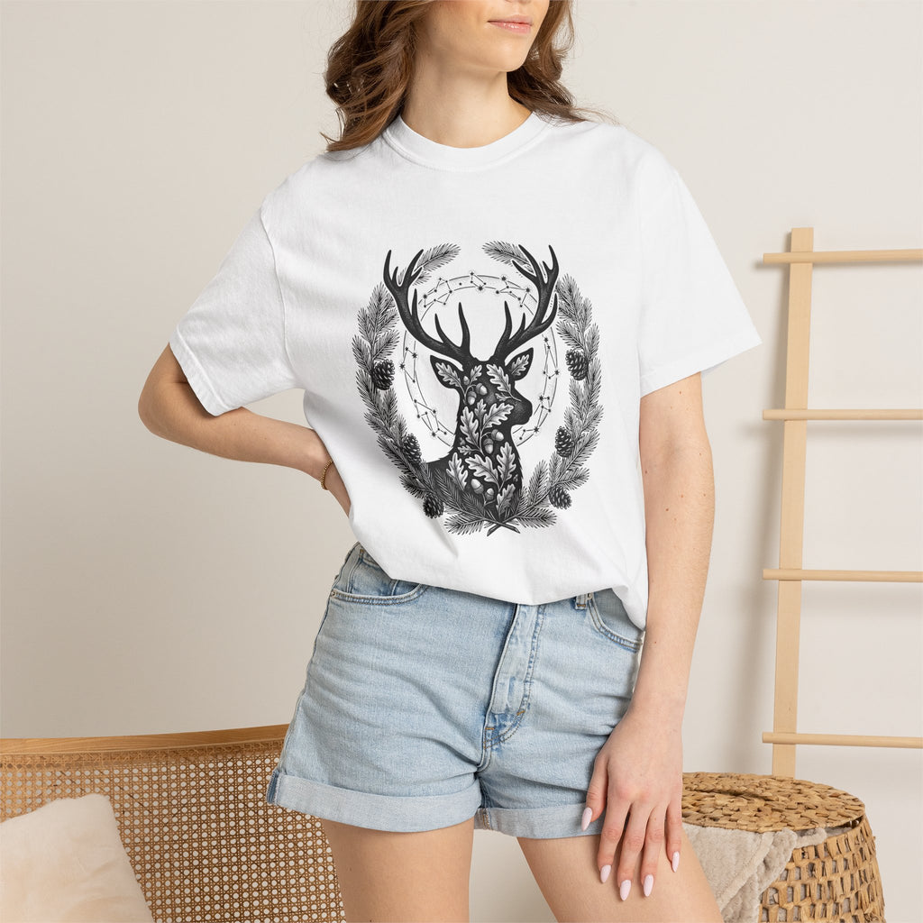 Buck Silhouette Shirt Boho Chic Plants Gift Women Leaf Tee Deer T-Shirt Bohemian Fan Botanical Tshirt Floral Graphic Sketch Cone Cluster