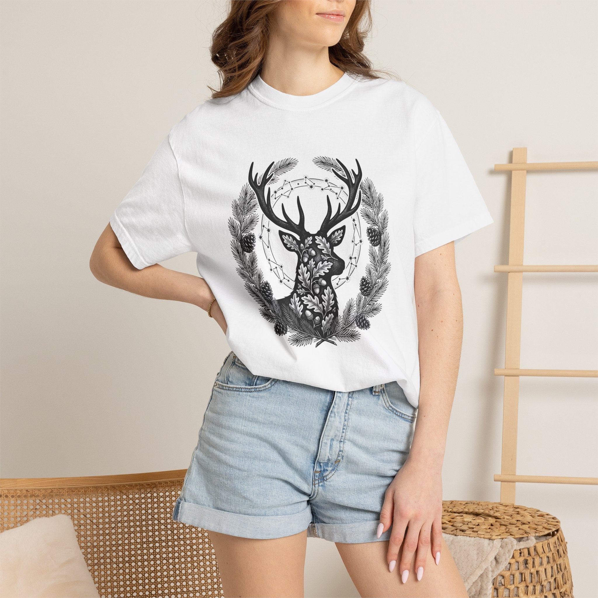 Buck Silhouette Shirt Boho Chic Plants Gift Women Leaf Tee Deer T-Shirt Bohemian Fan Botanical Tshirt Floral Graphic Sketch Cone Cluster
