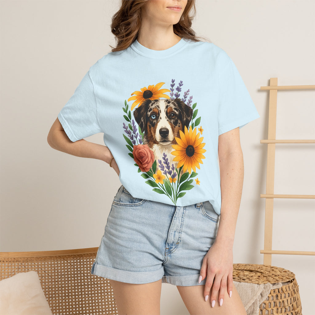 Aussie Breed Shirt Dog Bouquet Gift Women Painterly Tee Australian Dog T-Shirt Dog Fan Watercolor Tshirt Floral Graphic Folk Petals Tshirt