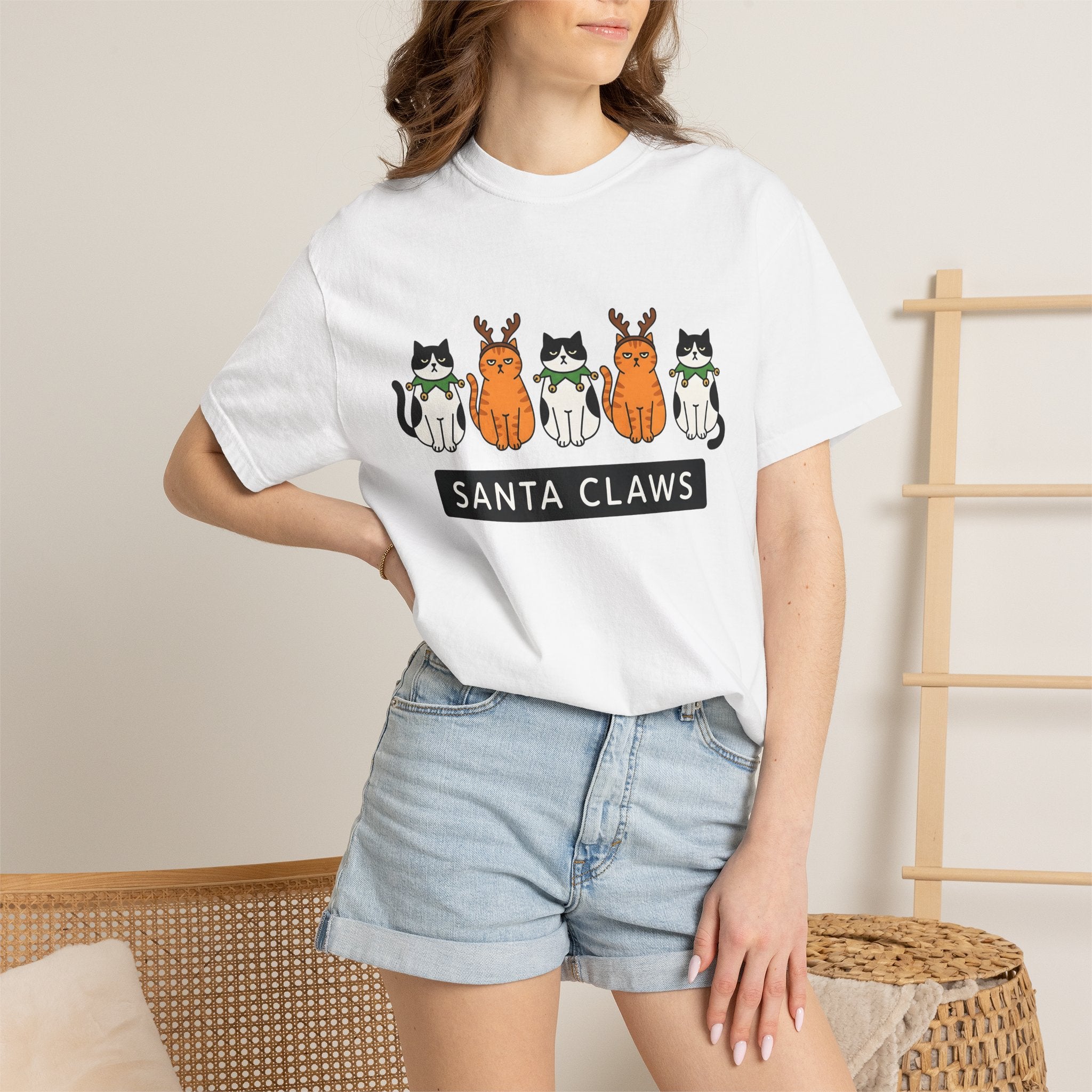 Holiday Cats Shirt Christmas Animal Gift Women Comic Tee Kitty Cat T-Shirt Xmas Fan Feline Graphic Tshirt Simple Antler Headband Tshirt