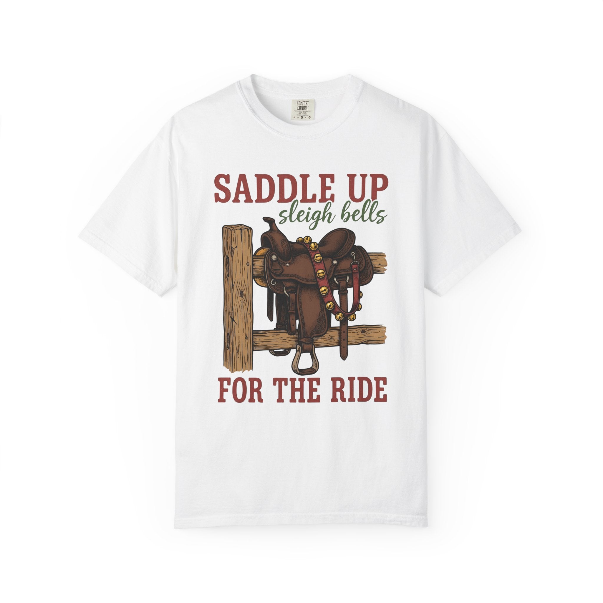 Leather Saddle Shirt Cowgirl Winter Gift Women Classic Tee Saddle T-Shirt Rodeo Fan Vintage Tshirt Frosty Graphic Outline Seasonal Bells