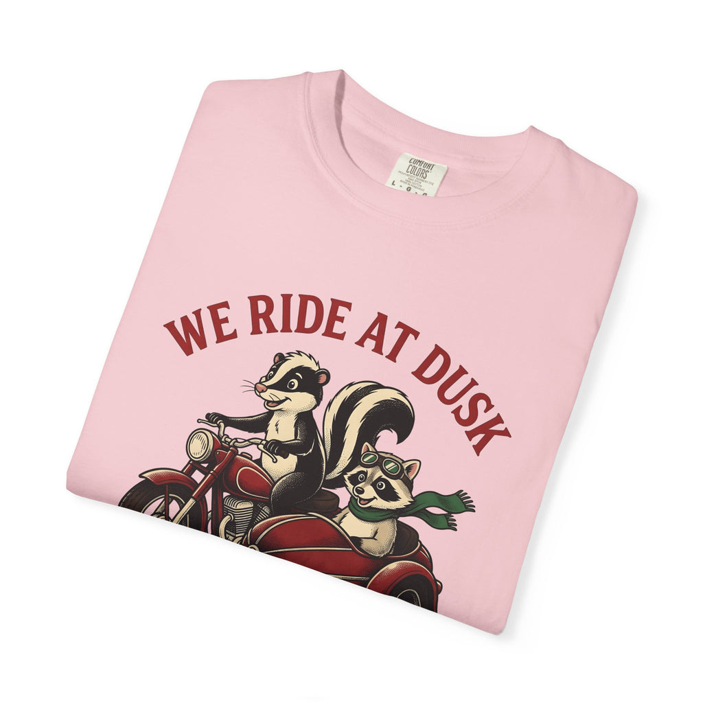 Skunk Raccoon Motorbike Shirt Funny Critter Gift Women Animated Tee Raccoon T-Shirt Humor Fan Cartoon Tshirt Animal Graphic Old School Side