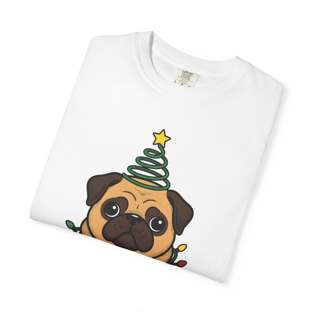 Pug Puppy Shirt Christmas Pet Gift Women Comic Tee Puppy T-Shirt Xmas Fan Cartoon Tshirt Animal Graphic Sketch Holiday Lights Tshirt