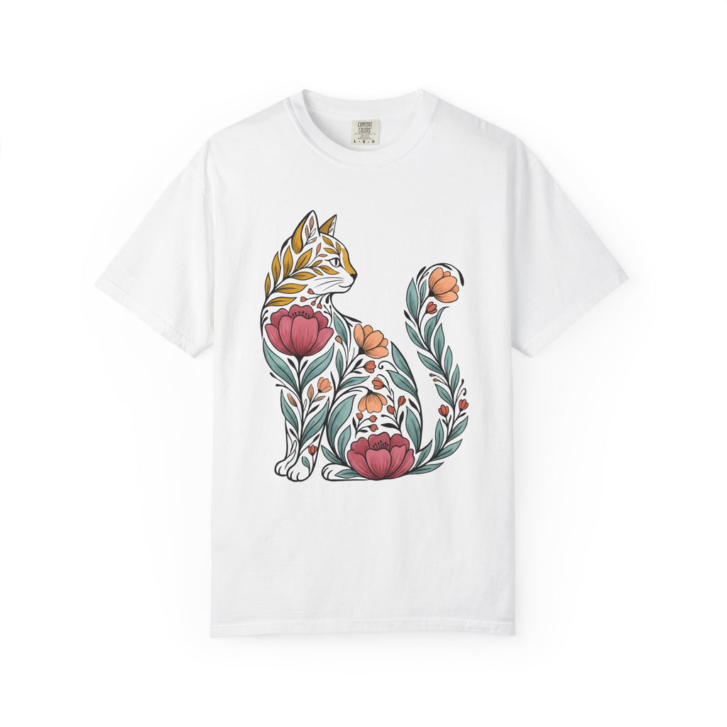 Garden Cat Shirt Valentines Day Fauna Gift Women Vintage Tee Kitty T-Shirt Valentine Fan Retro Tshirt Wildlife Graphic Outline Flower Petals