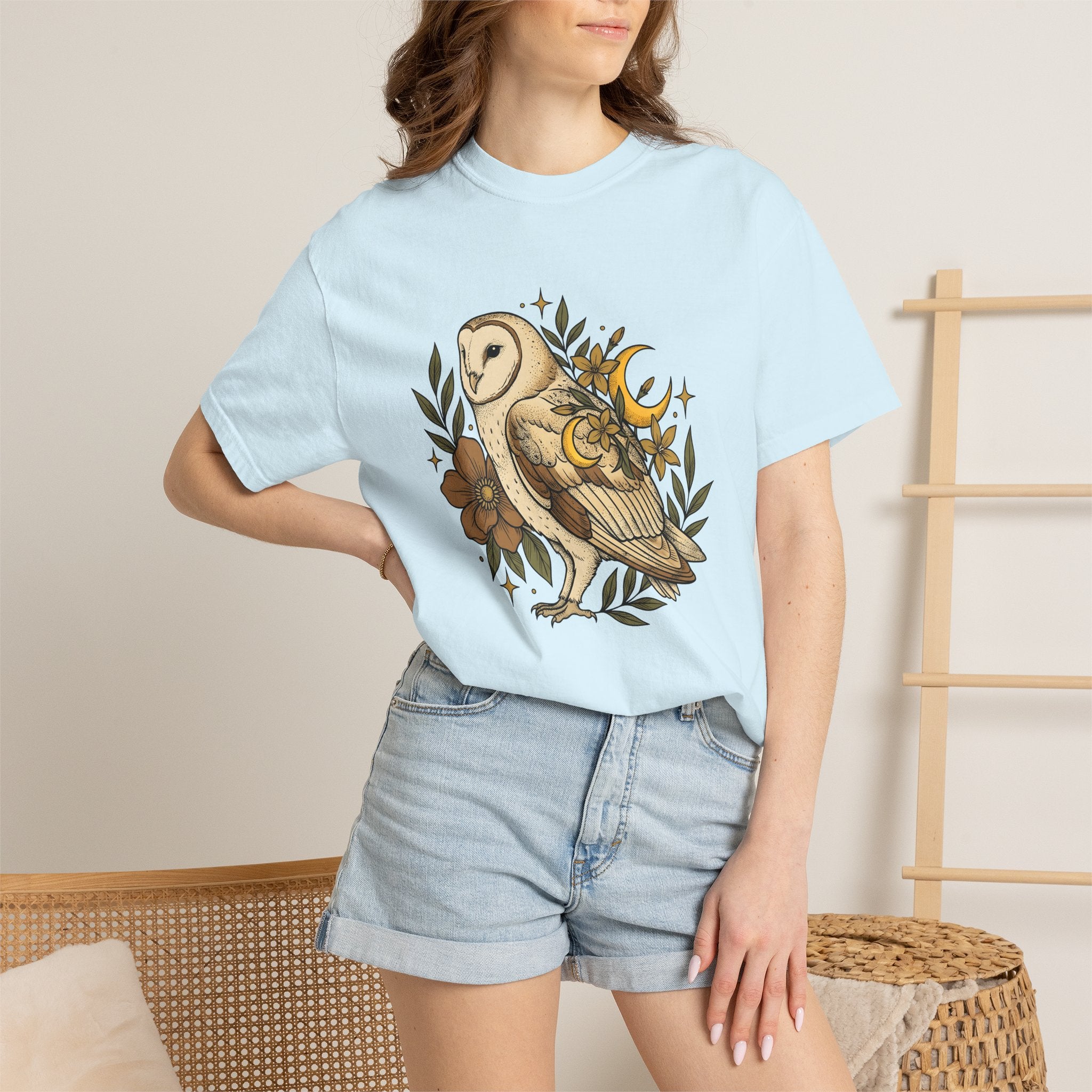 Barn Owl Shirt Animals & Flowers Hippie Gift Women Line Art Tee Owl T-Shirt Animal Fan Owl Tshirt Bohemian Graphic Hand Drawn Moon Tshirt