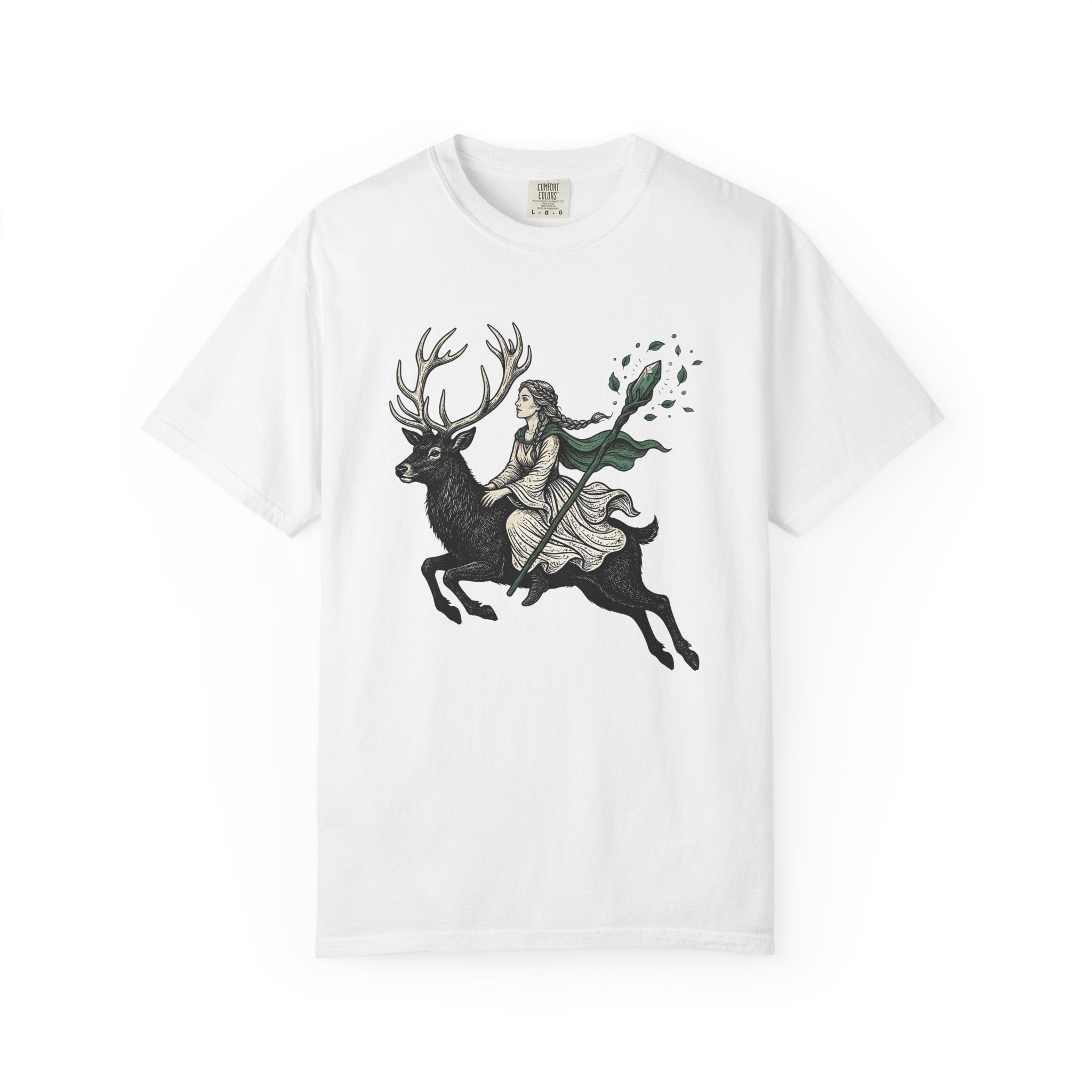 Woman Riding Stag Shirt Boho Chic Woodland Gift Women Fantasy Tee Rider T-Shirt Bohemian Fan Mythical Tshirt Forest Graphic Vintage Crystal