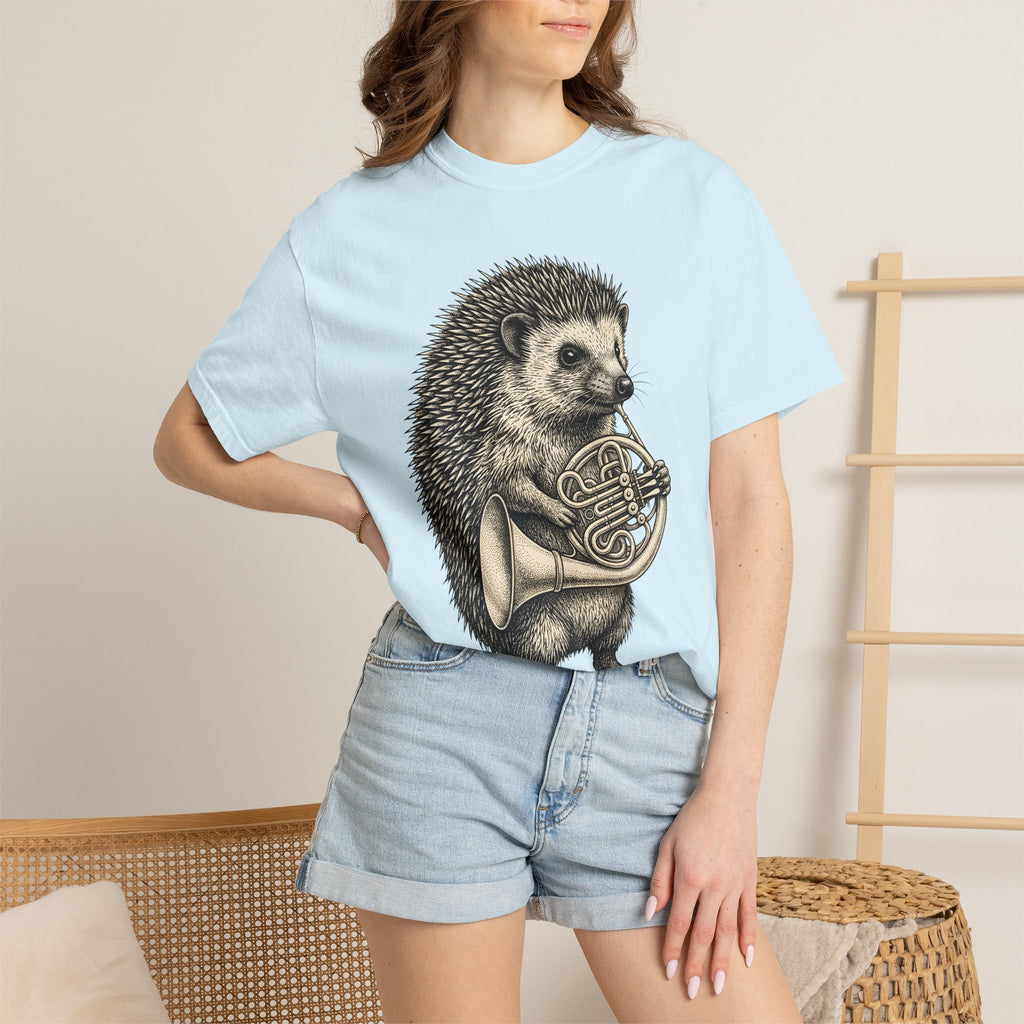 Hedgehog Horn Shirt Animals Instruments Gift Women Retro Tee Prickles T-Shirt Wildlife Fan Vintage Tshirt Musical Instrument Graphic Sketch