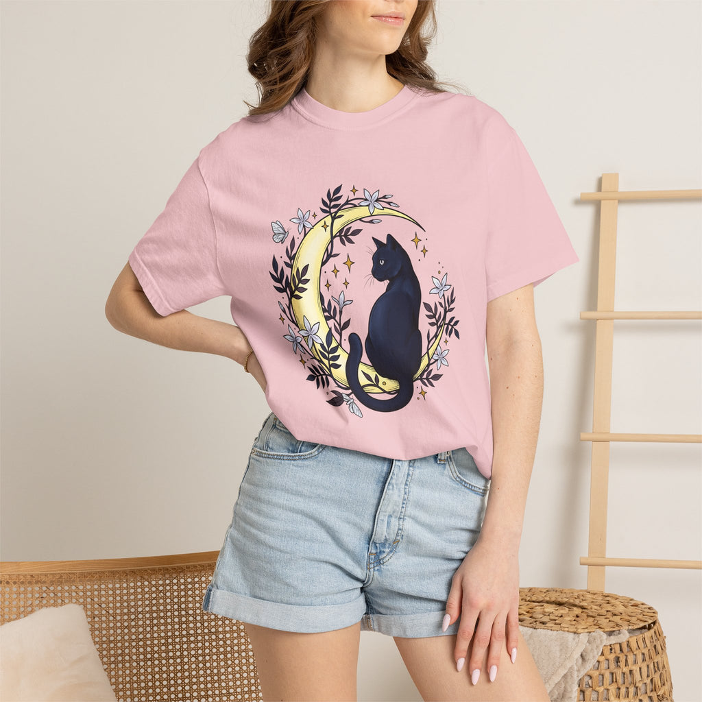 Black Cat Crescent Shirt Cat Astrology Gift Women Hippie Tee Cat T-Shirt Cat Fan Boho Tshirt Zodiac Graphic Spiritual Flower Tshirt