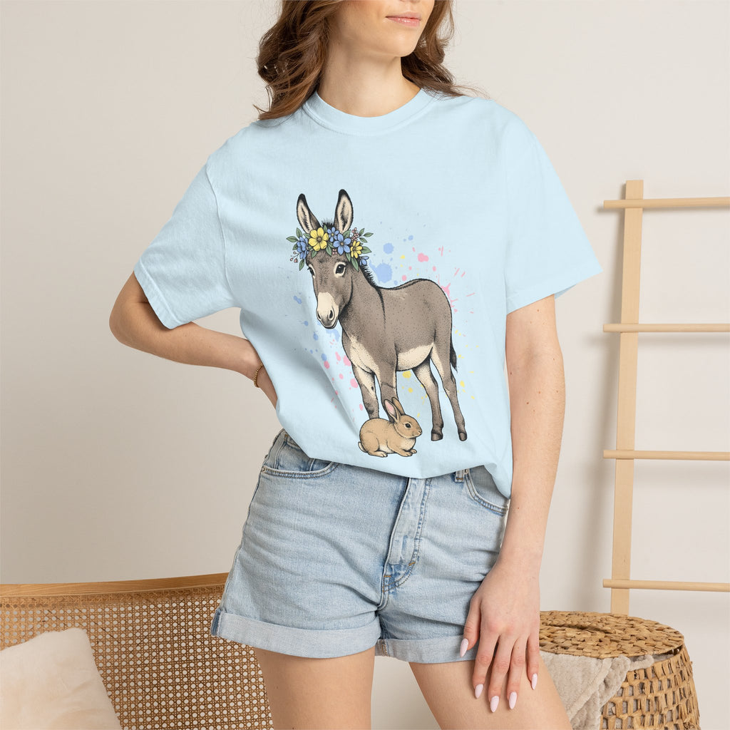 Donkey Bunny Shirt Easter Fauna Gift Women Line Art Tee Bunny T-Shirt Easter Fan Drawing Graphic Sketch Bloom Crown Tshirt