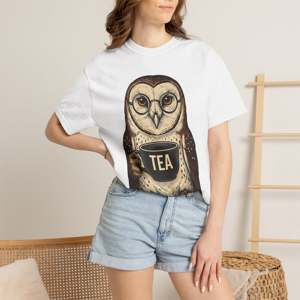 Owl Tea Cup Shirt Tea Animal Gift Women Vintage Tee Teacup T-Shirt Tea Fan Retro Tshirt Wildlife Graphic Hand Drawn Glasses Tshirt