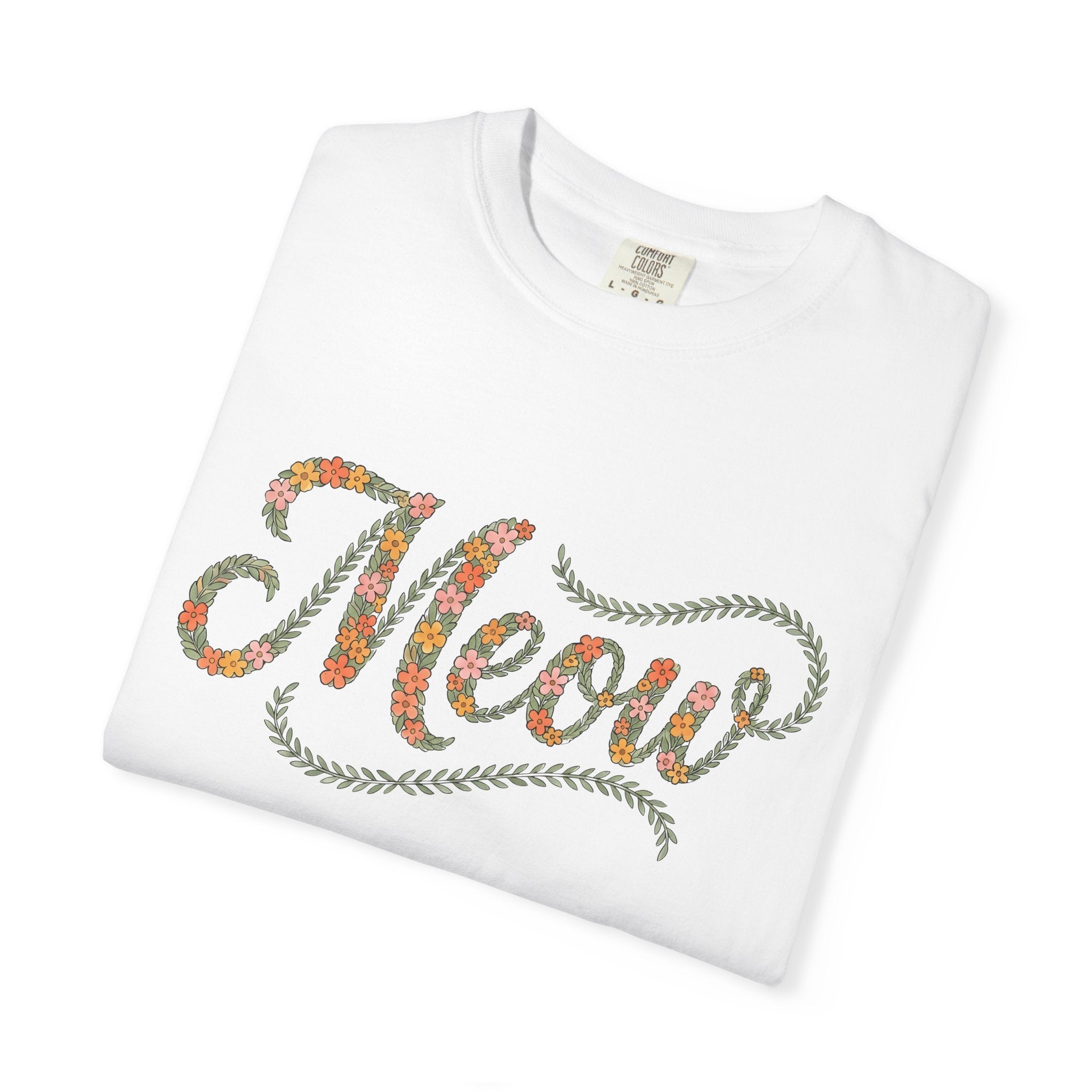 Flower Lettering Shirt Cat Blossoms Gift Women Sketch Tee Typography T-Shirt Cat Lady Feline Fan Hand Drawn Tshirt Floral Graphic Retro