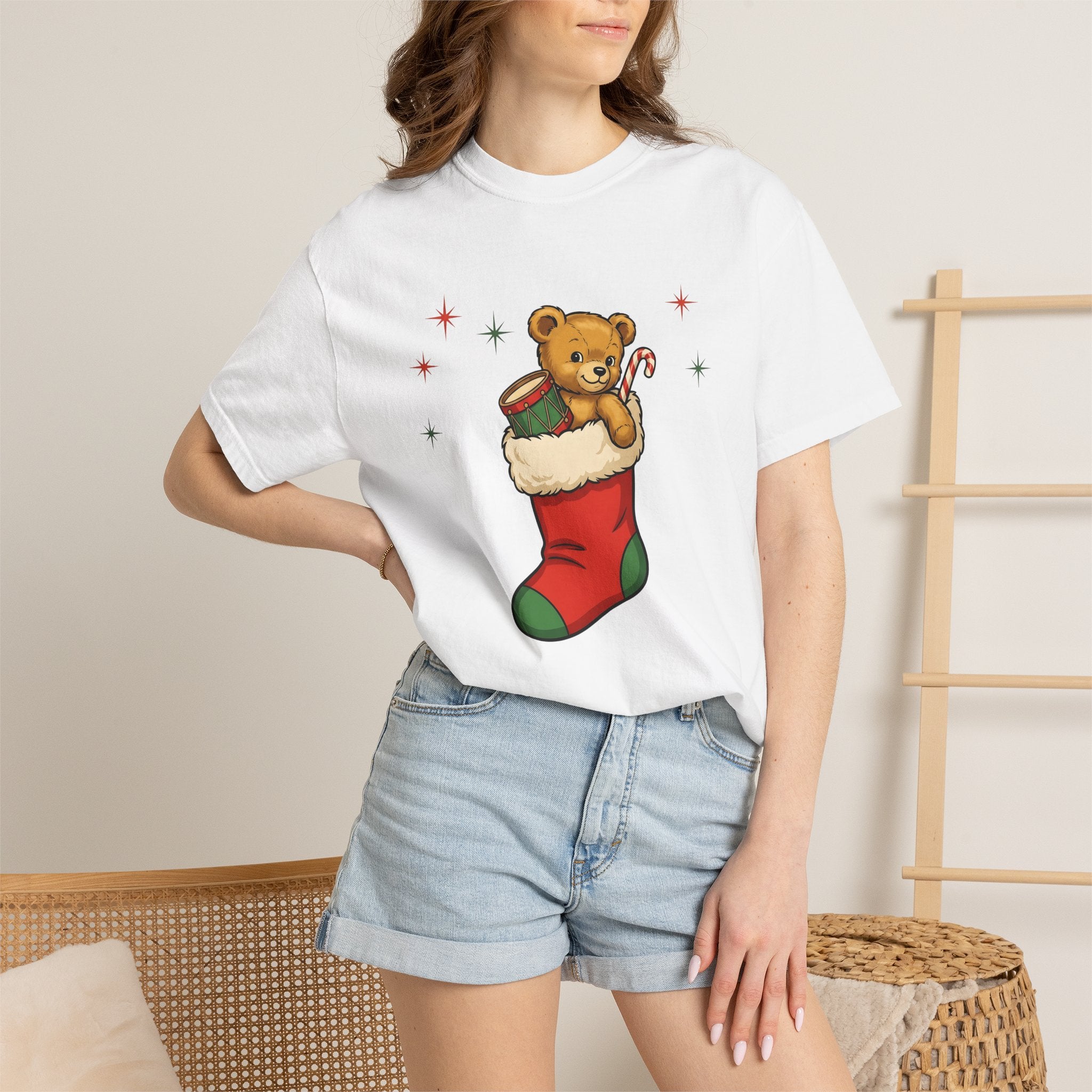 Teddy Bear Stocking Shirt Christmas Wrapping Gift Women Line Art Tee Stocking T-Shirt Holiday Fan Minimalist Tshirt Packaging Graphic