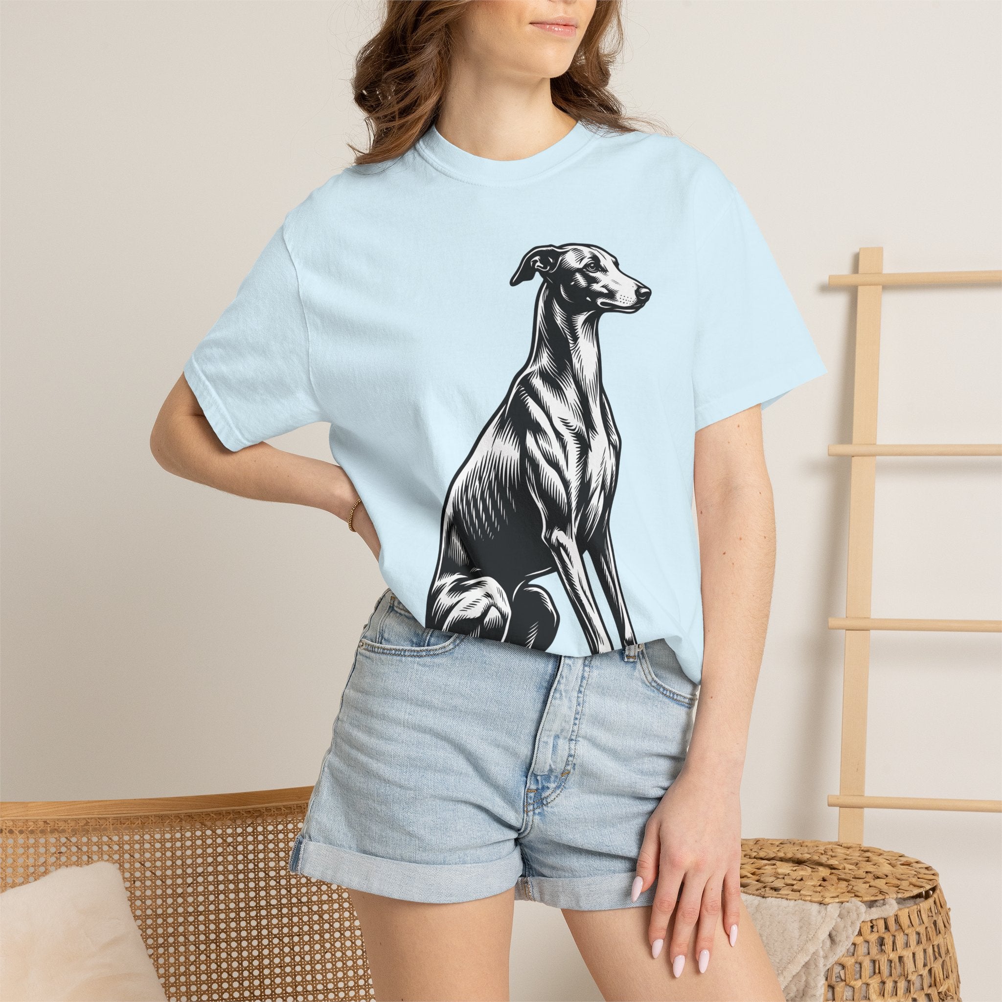 Greyhound Dog Shirt Dog Pet Gift Women Woodcut Tee Whippet T-Shirt Dog Fan Hound Tshirt Animal Graphic Vintage Sitting Pose Tshirt