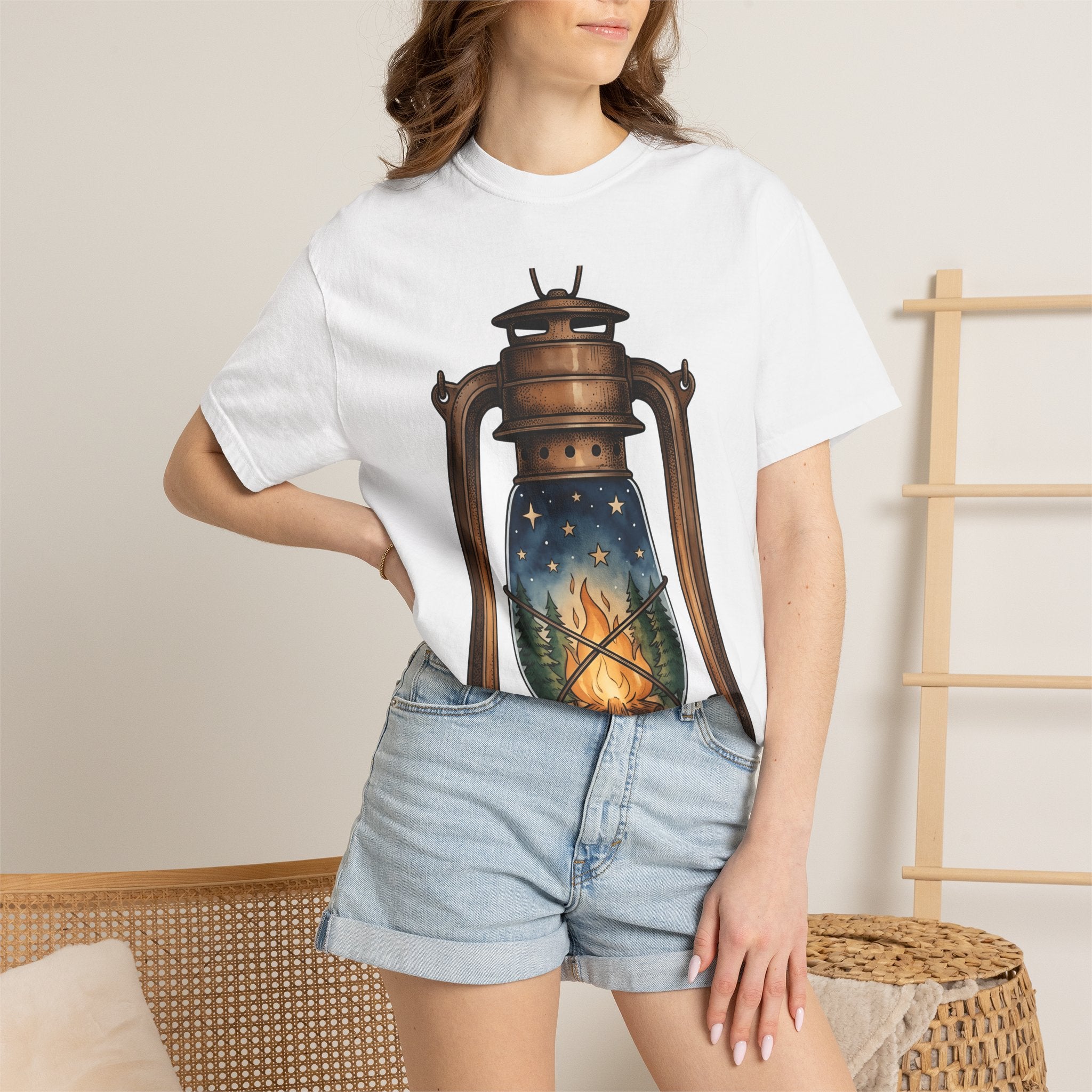 Antique Lantern Shirt Camping Nature Gift Women Cartoon Tee Lamp T-Shirt Camper Fan Lantern Tshirt Wilderness Graphic Pastel Campfire Tshirt