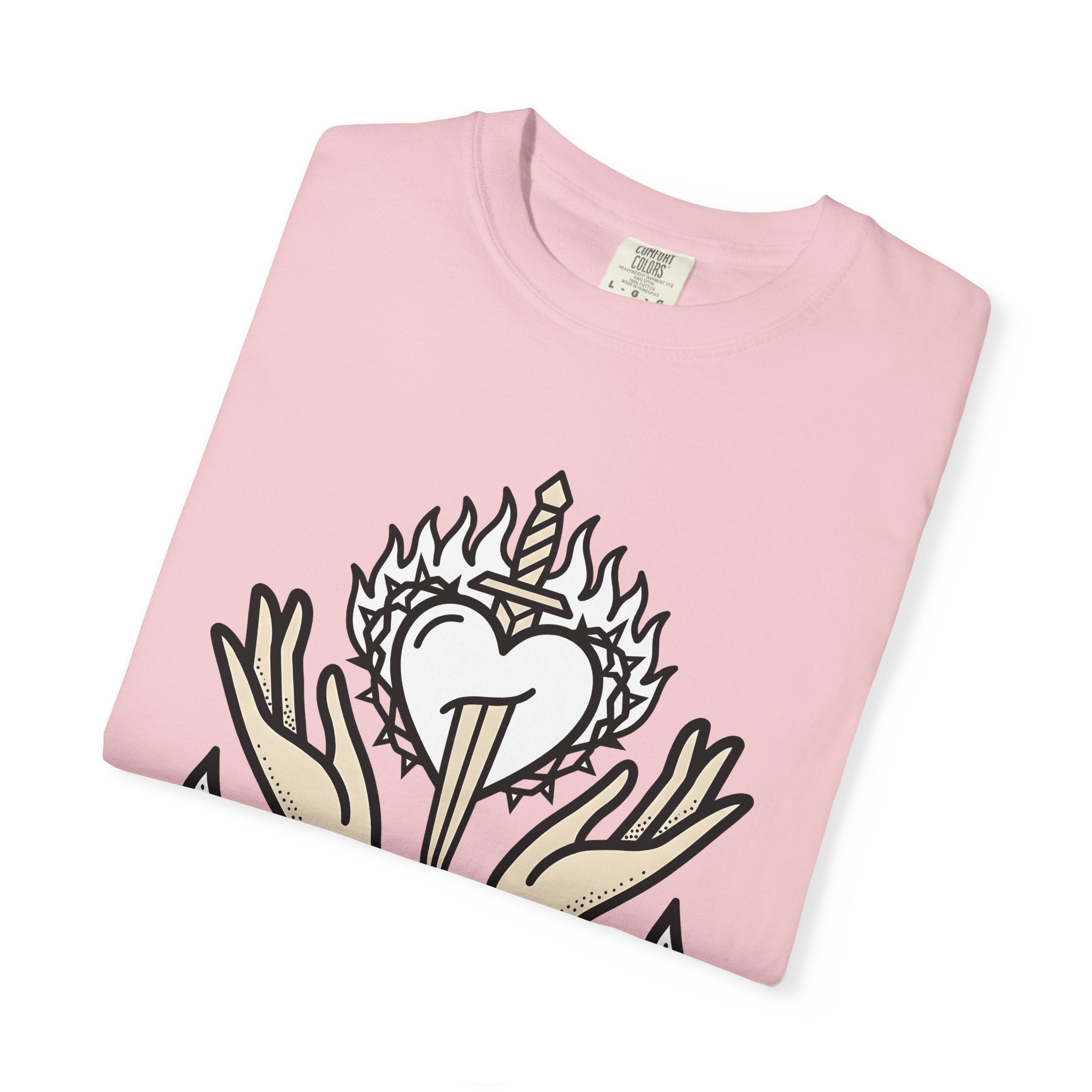 Divine Heart Shirt Boho Chic Mindfulness Gift Women Sketch Tee Sacred Heart T-Shirt Bohemian Enthusiast Drawing Illustration Outline Palms