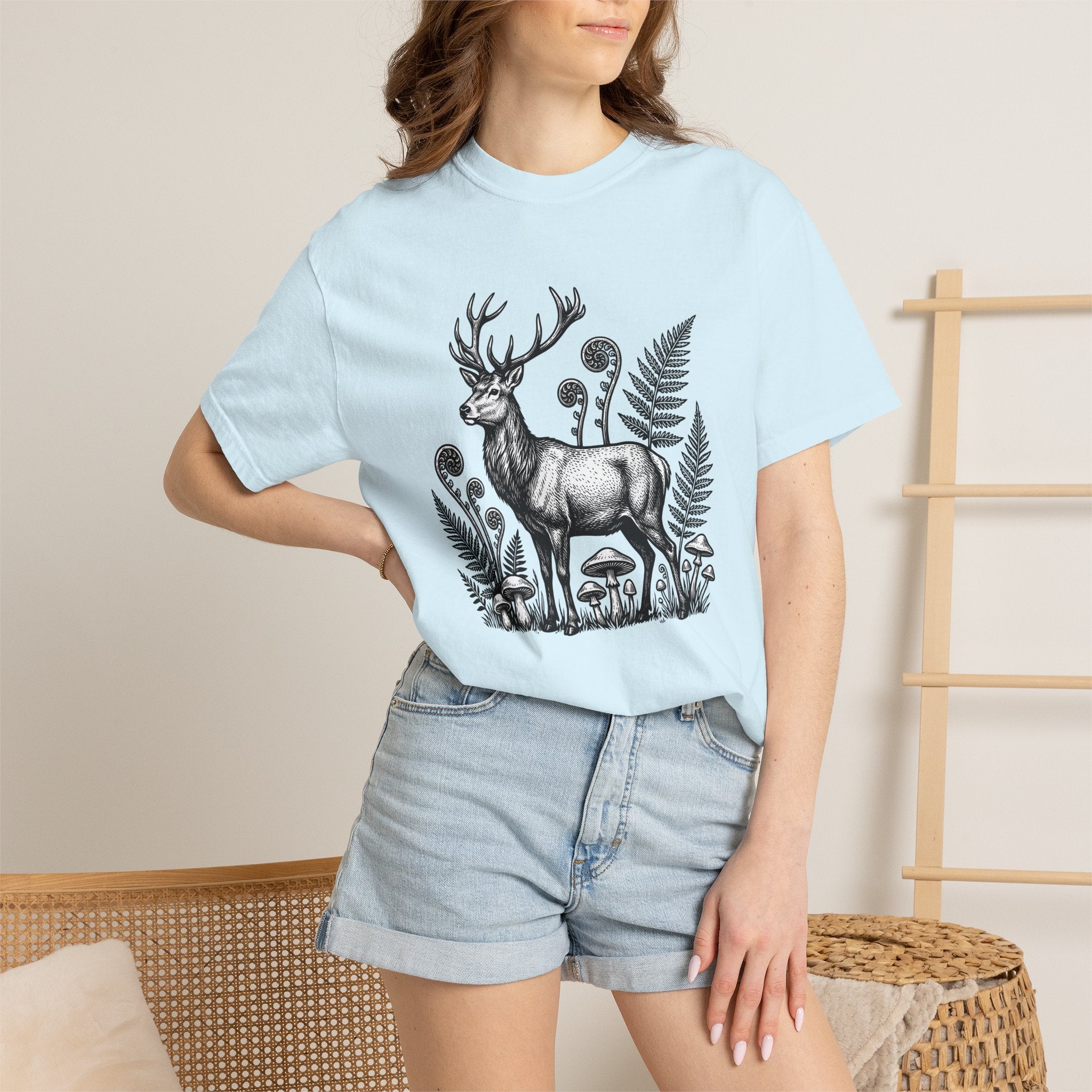 Stag Forest Shirt Nature Animal Gift Women Hand Drawn Tee Deer T-Shirt Wildlife Enthusiast Illustrated Graphic Deer Design Vintage Mushrooms