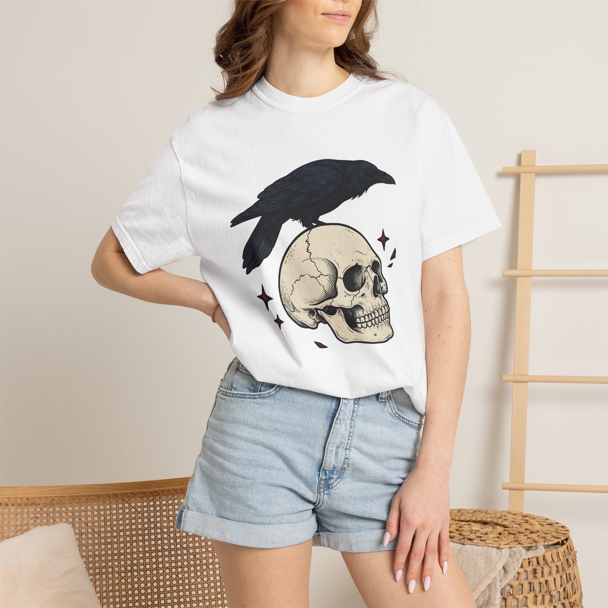 Raven Skull Shirt Halloween Gothic Gift Women Gothic Tee Crow T-Shirt Horror Fan Dark Tshirt Dark Graphic Vintage Stars Tshirt