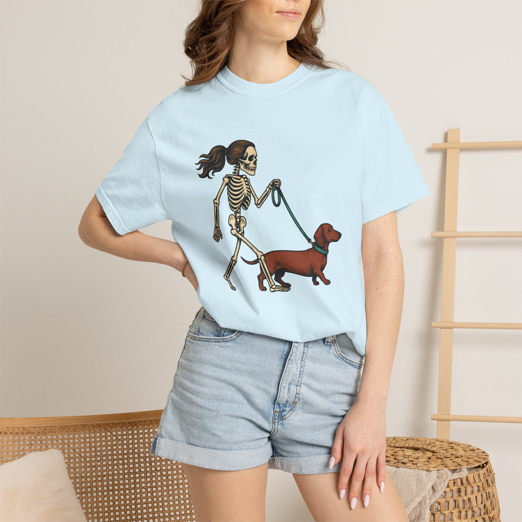 Skeleton Dog Stroll Shirt Halloween Pet Gift Women Comic Tee Dog Walk T-Shirt Halloween Fan Cartoon Tshirt Pet Graphic Retro Dachshund